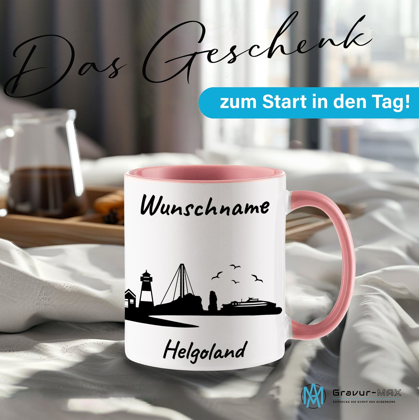 Tasse in Rosa 330ml bedruckt mit der Skyline von Helgoland personalisierbar mit Wunschname