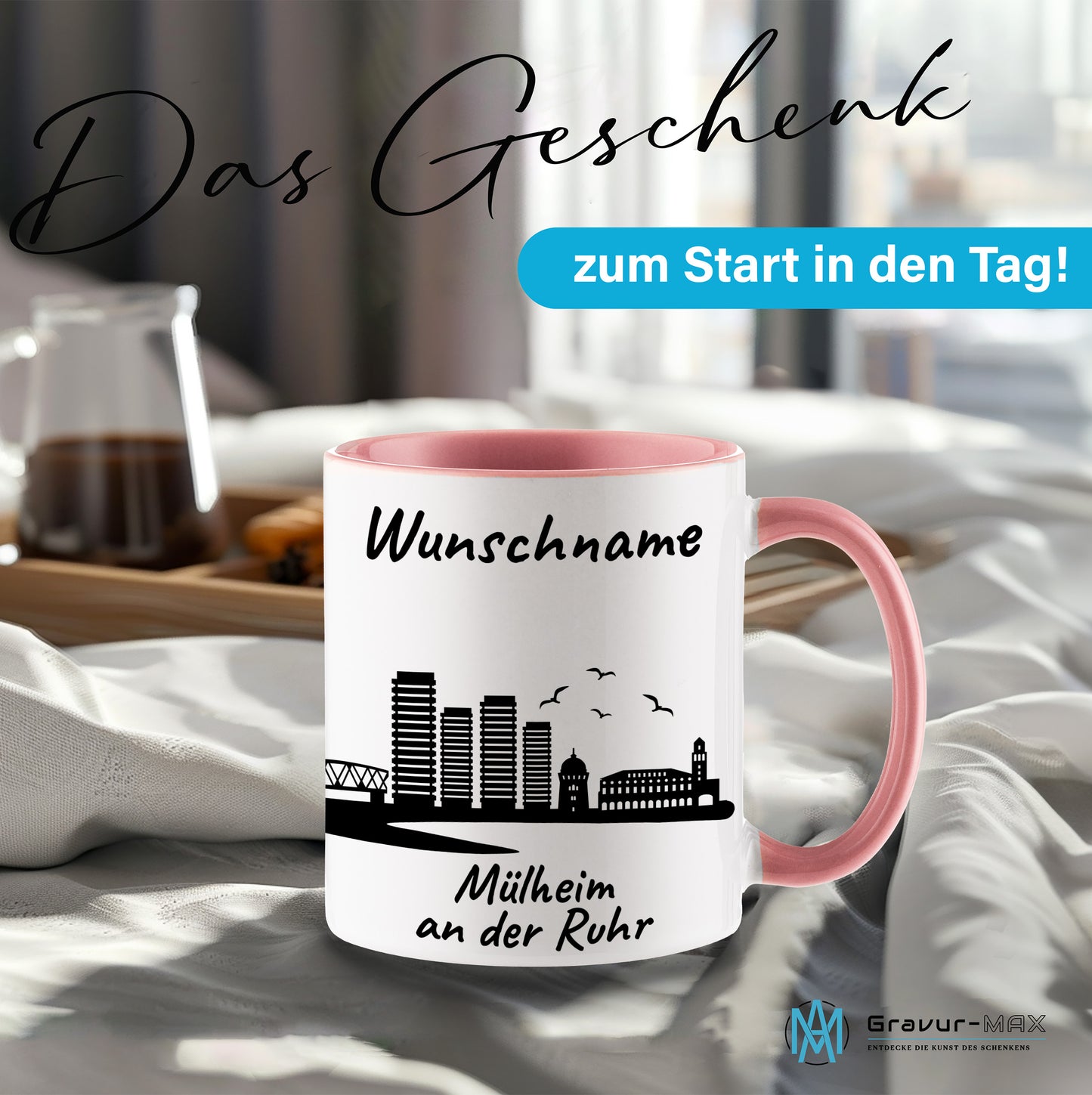 Tasse in Rosa 330ml bedruckt mit der Skyline von Mülheim an der Ruhr personalisierbar mit Wunschname