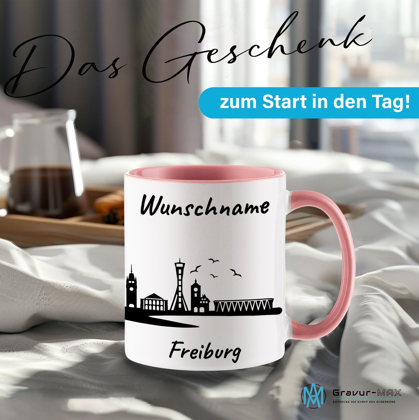 Tasse in Rosa 330ml bedruckt mit der Skyline von Freiburg personalisierbar mit Wunschname