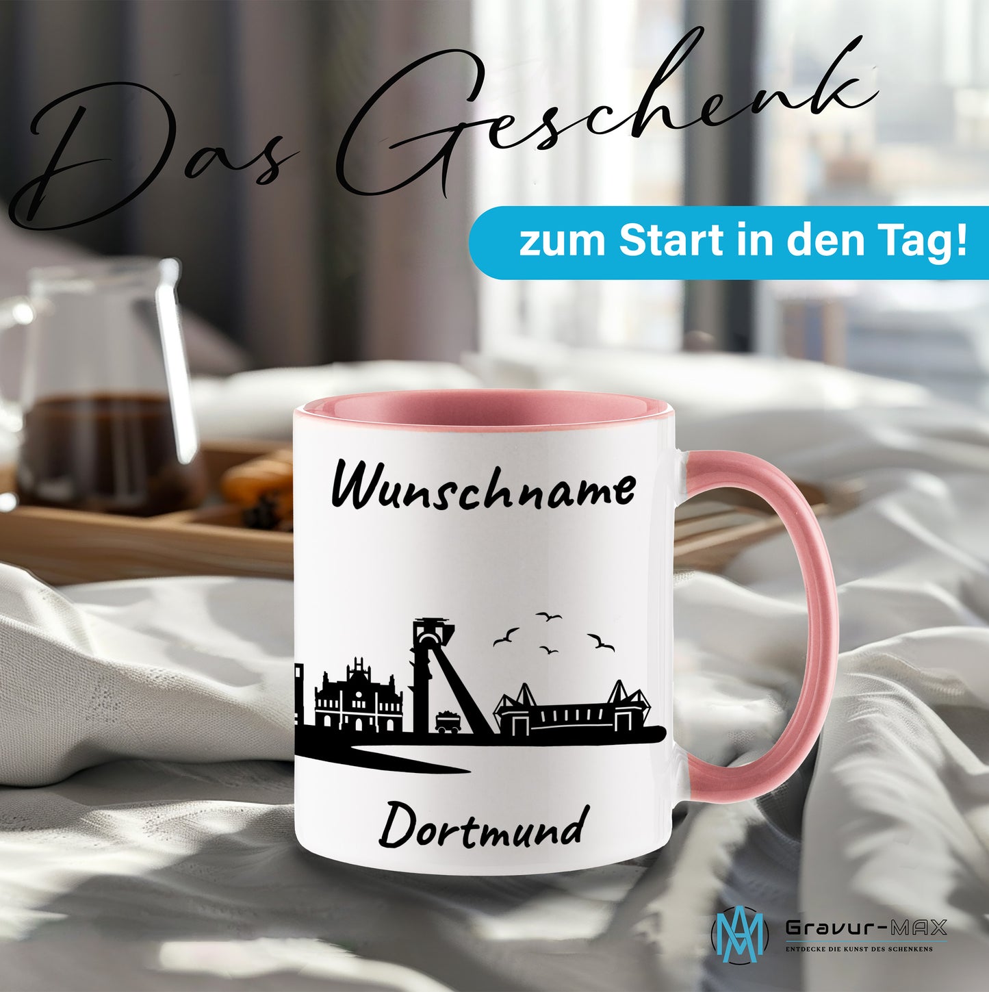 Tasse in Rosa 330ml bedruckt mit der Skyline von Dortmund personalisierbar mit Wunschname
