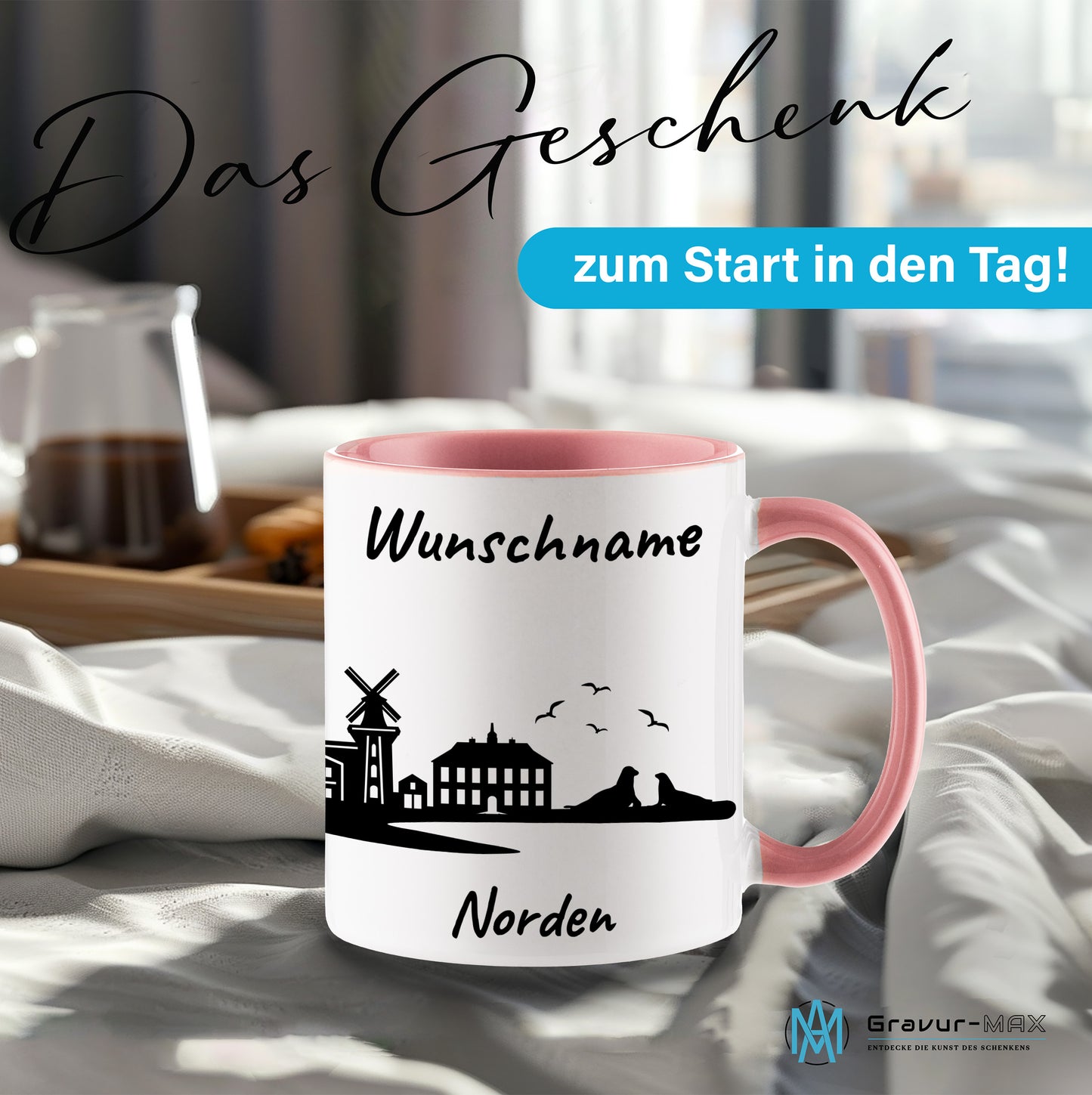 Tasse in Rosa 330ml bedruckt mit der Skyline von Norden personalisierbar mit Wunschname