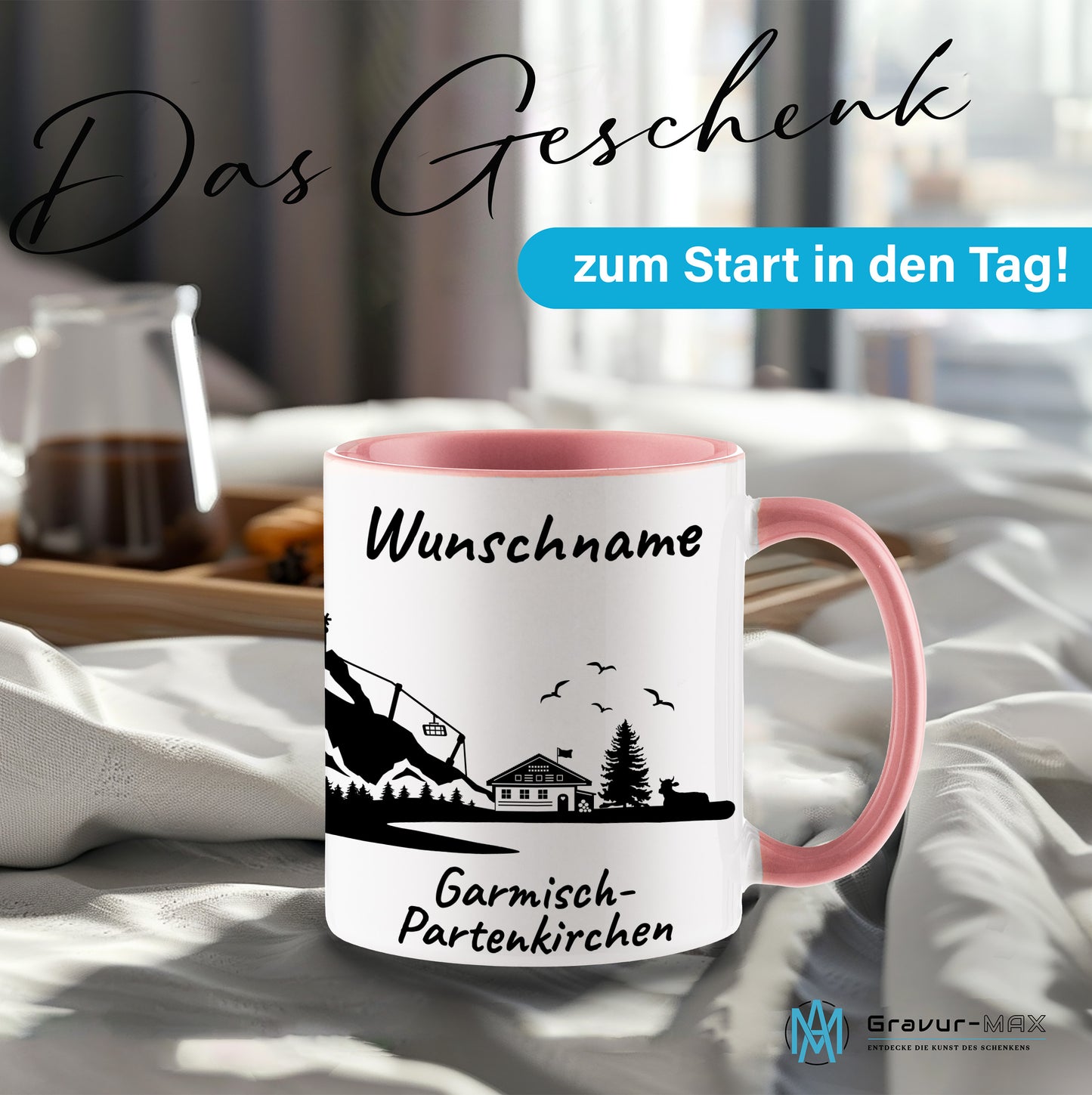 Tasse in Rosa 330ml bedruckt mit der Skyline von Garmisch-Partenkirchen personalisierbar mit Wunschname