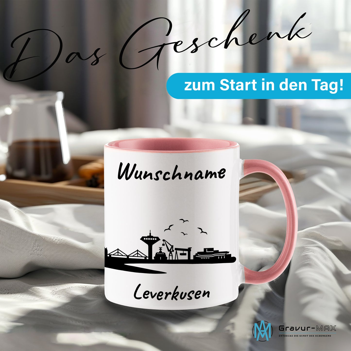 Tasse in Rosa 330ml bedruckt mit der Skyline von Leverkusen personalisierbar mit Wunschname