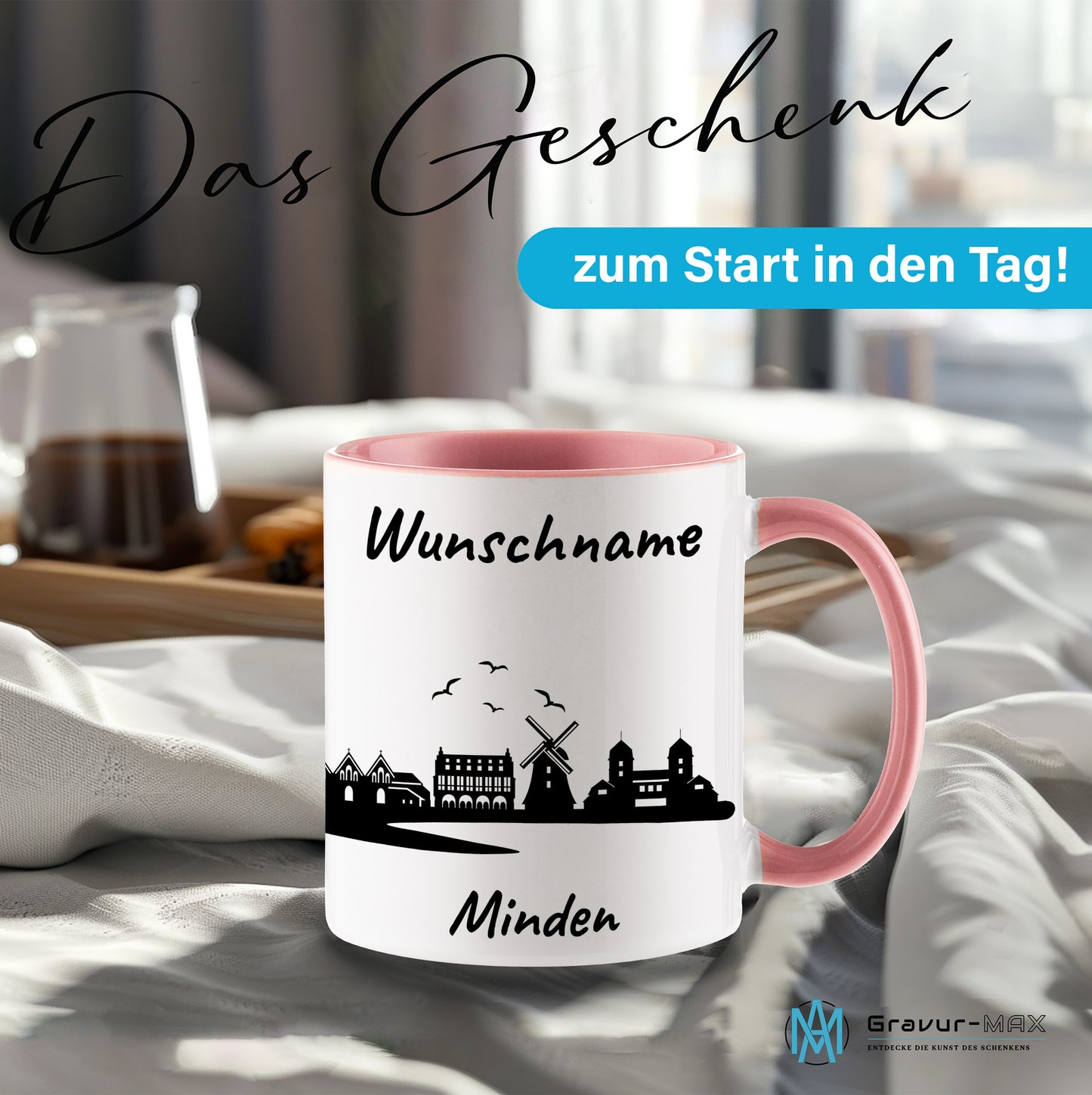 Tasse in Rosa 330ml bedruckt mit der Skyline von Minden personalisierbar mit Wunschname