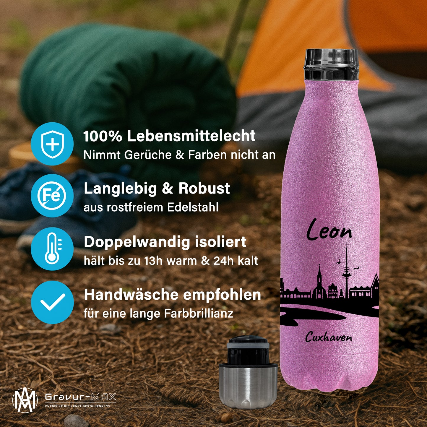 Glitzer Trinkflasche in Rosa 500ml aus Edelstahl bedruckt mit der Skyline von Cuxhaven personalisierbar mit Wunschname