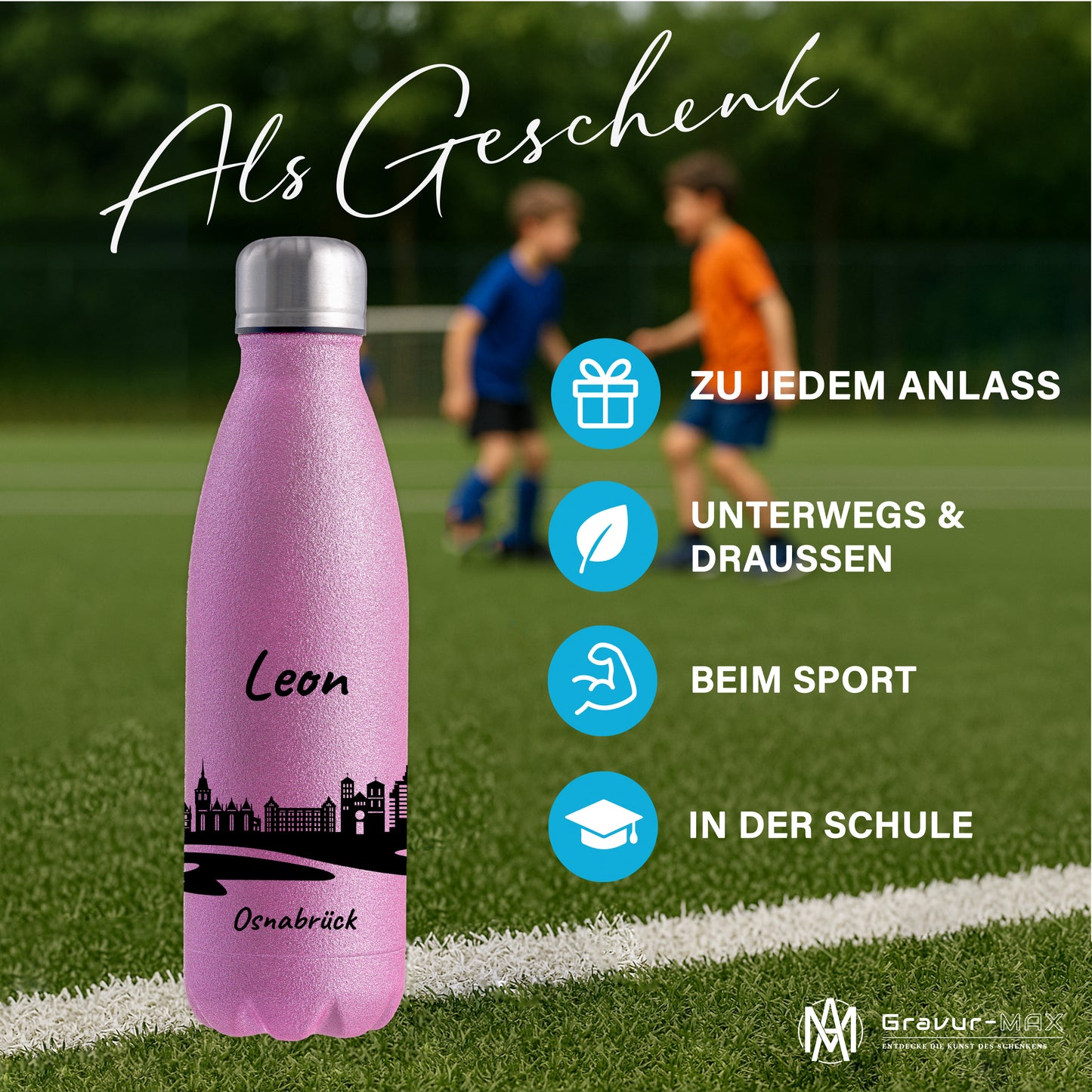 Glitzer Trinkflasche in Rosa 500ml aus Edelstahl bedruckt mit der Skyline von Osnabrück personalisierbar mit Wunschname