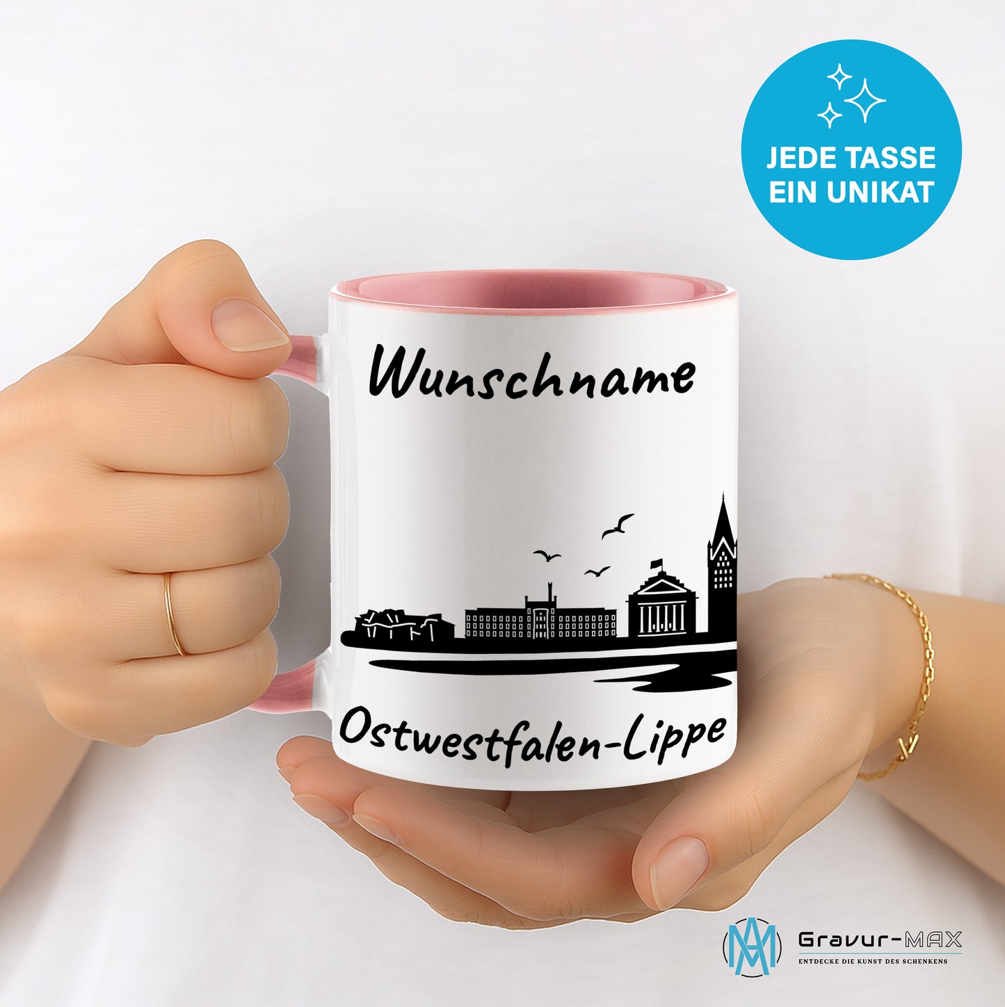 Tasse in Rosa 330ml bedruckt mit der Skyline von Ostwestfalen-Lippe personalisierbar mit Wunschname