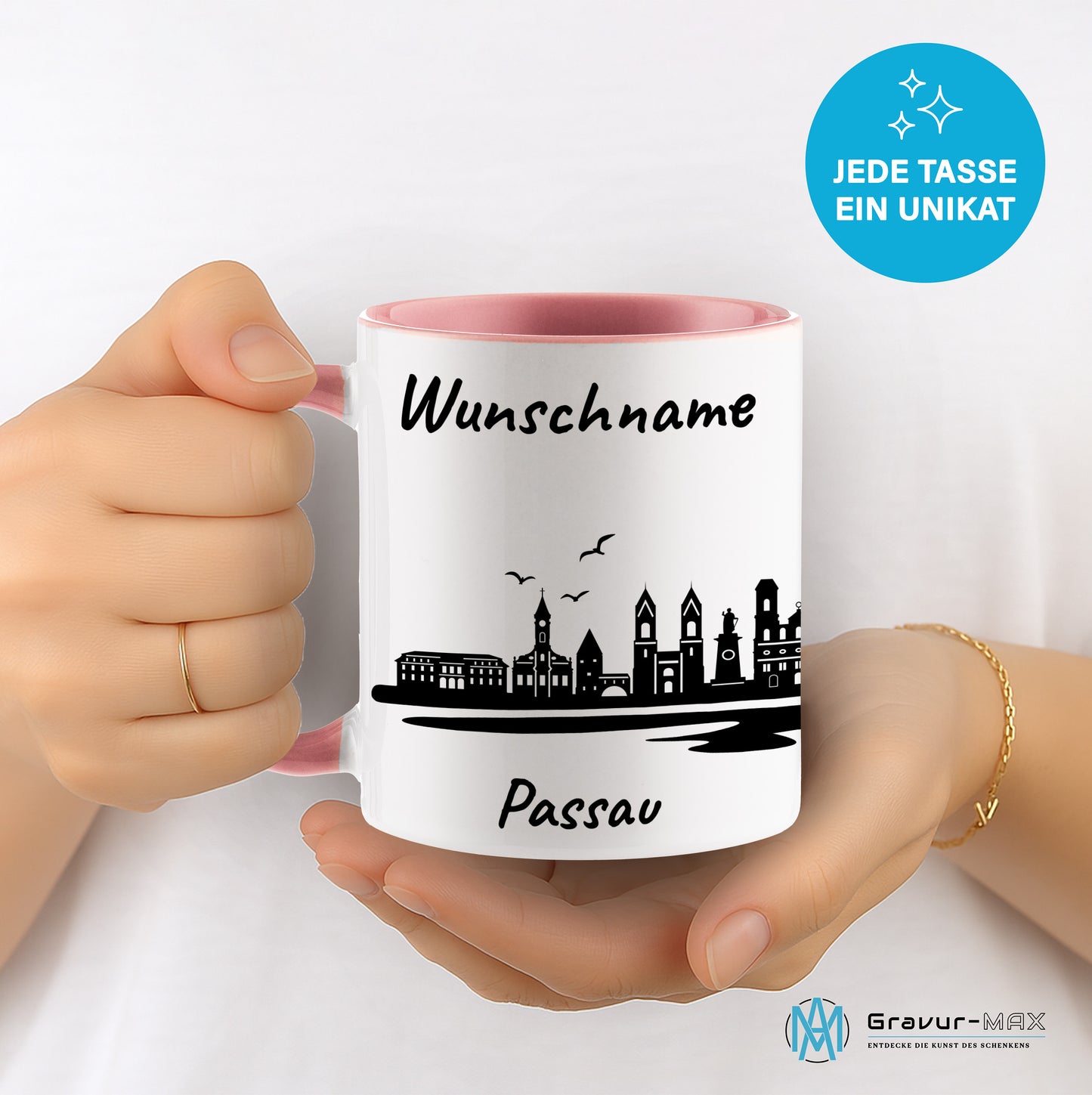 Tasse in Rosa 330ml bedruckt mit der Skyline von Passau personalisierbar mit Wunschname