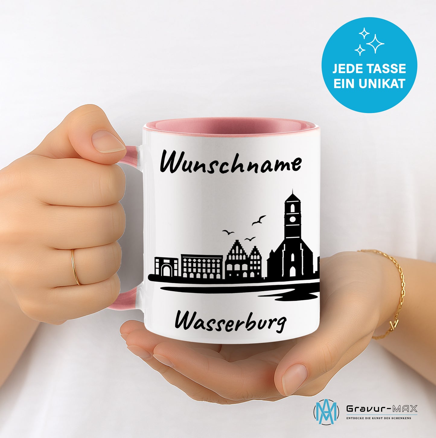 Tasse in Rosa 330ml bedruckt mit der Skyline von Wasserburg personalisierbar mit Wunschname