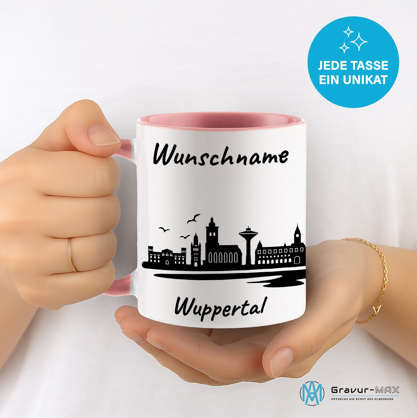 Tasse in Rosa 330ml bedruckt mit der Skyline von Wuppertal personalisierbar mit Wunschname