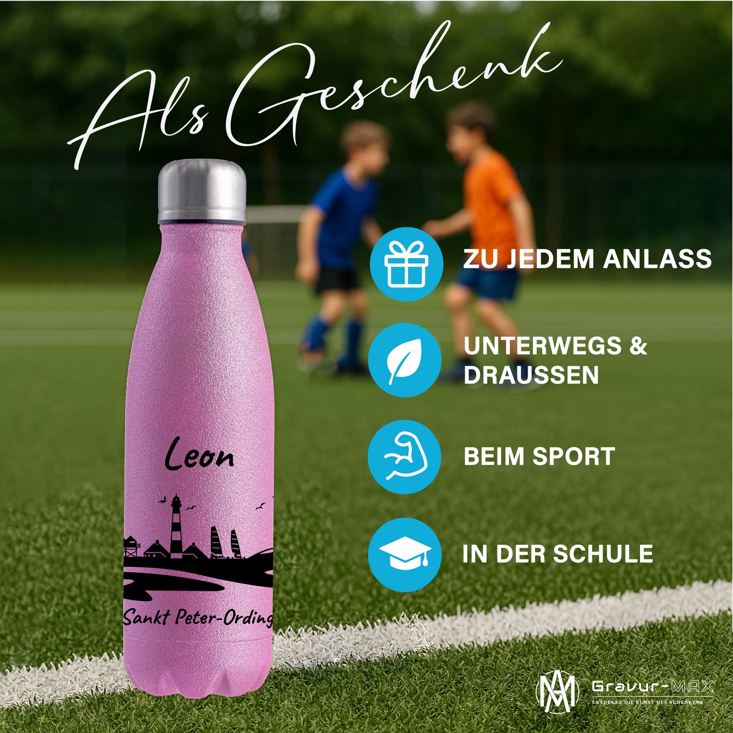 Glitzer Trinkflasche in Rosa 500ml aus Edelstahl bedruckt mit der Skyline von Sankt Peter-Ording personalisierbar mit Wunschname