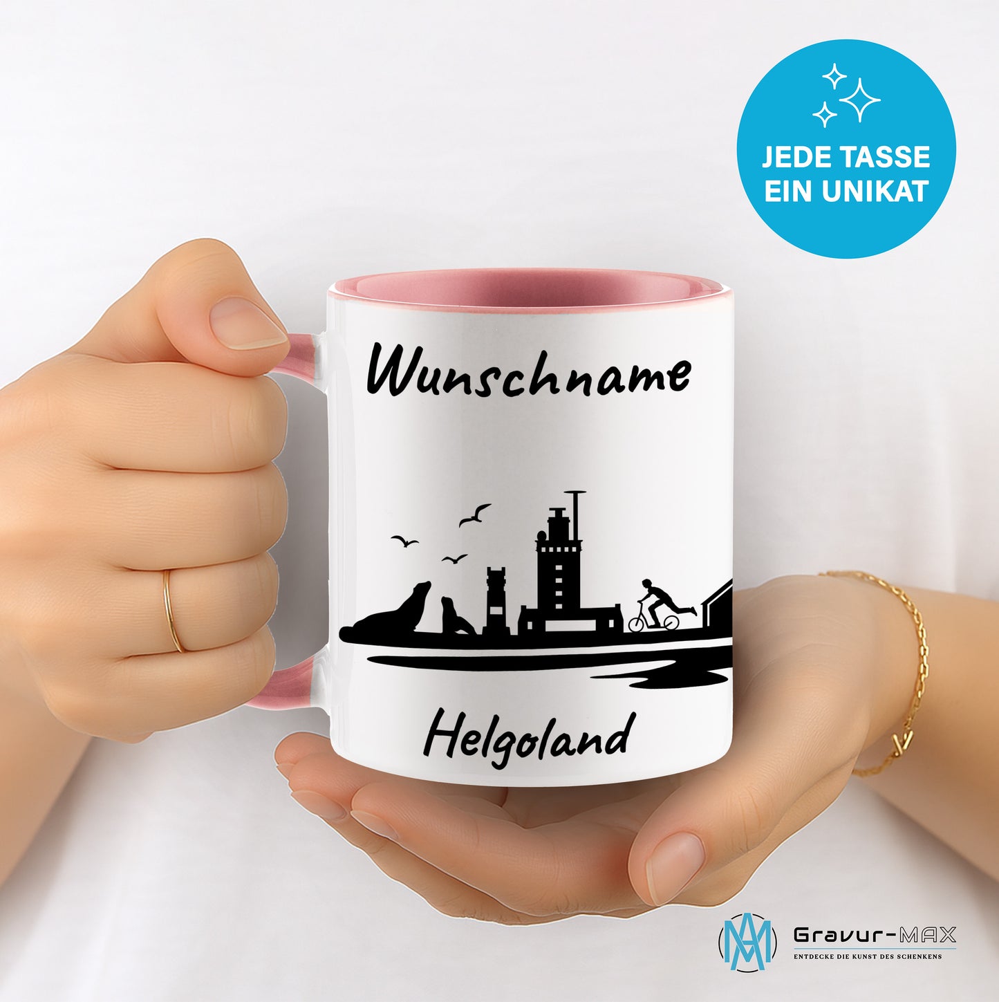 Tasse in Rosa 330ml bedruckt mit der Skyline von Helgoland personalisierbar mit Wunschname