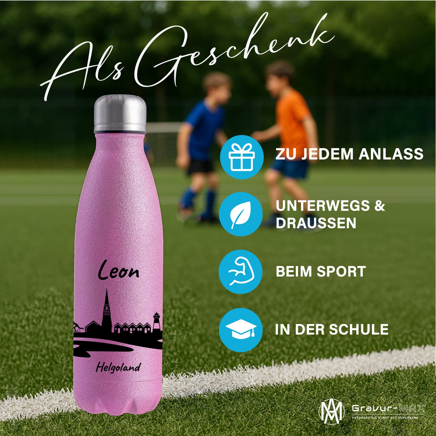 Glitzer Trinkflasche in Rosa 500ml aus Edelstahl bedruckt mit der Skyline von Helgoland personalisierbar mit Wunschname