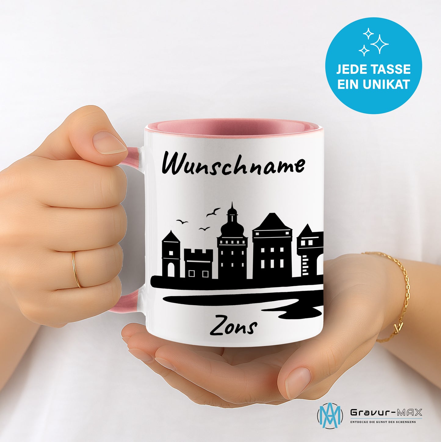 Tasse in Rosa 330ml bedruckt mit der Skyline von Zons (Dormagen) personalisierbar mit Wunschname
