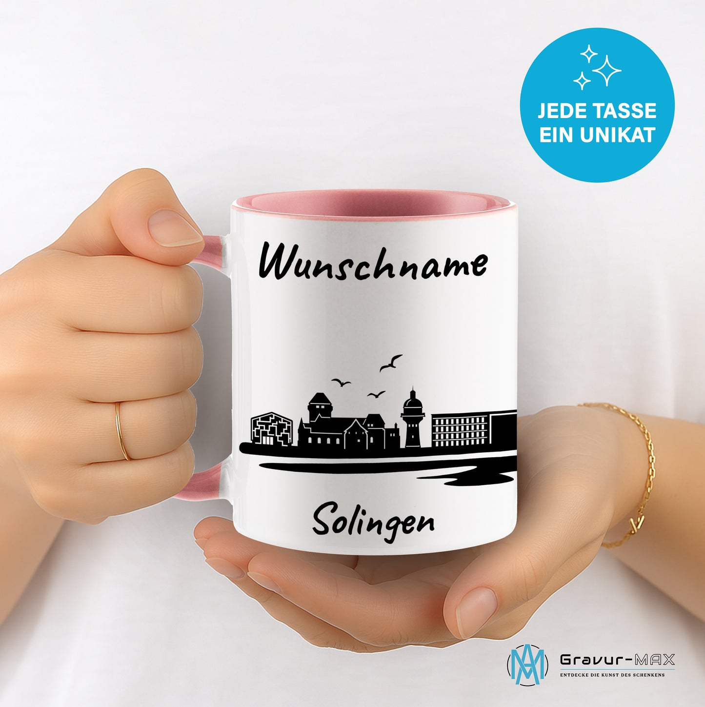 Tasse in Rosa 330ml bedruckt mit der Skyline von Solingen personalisierbar mit Wunschname