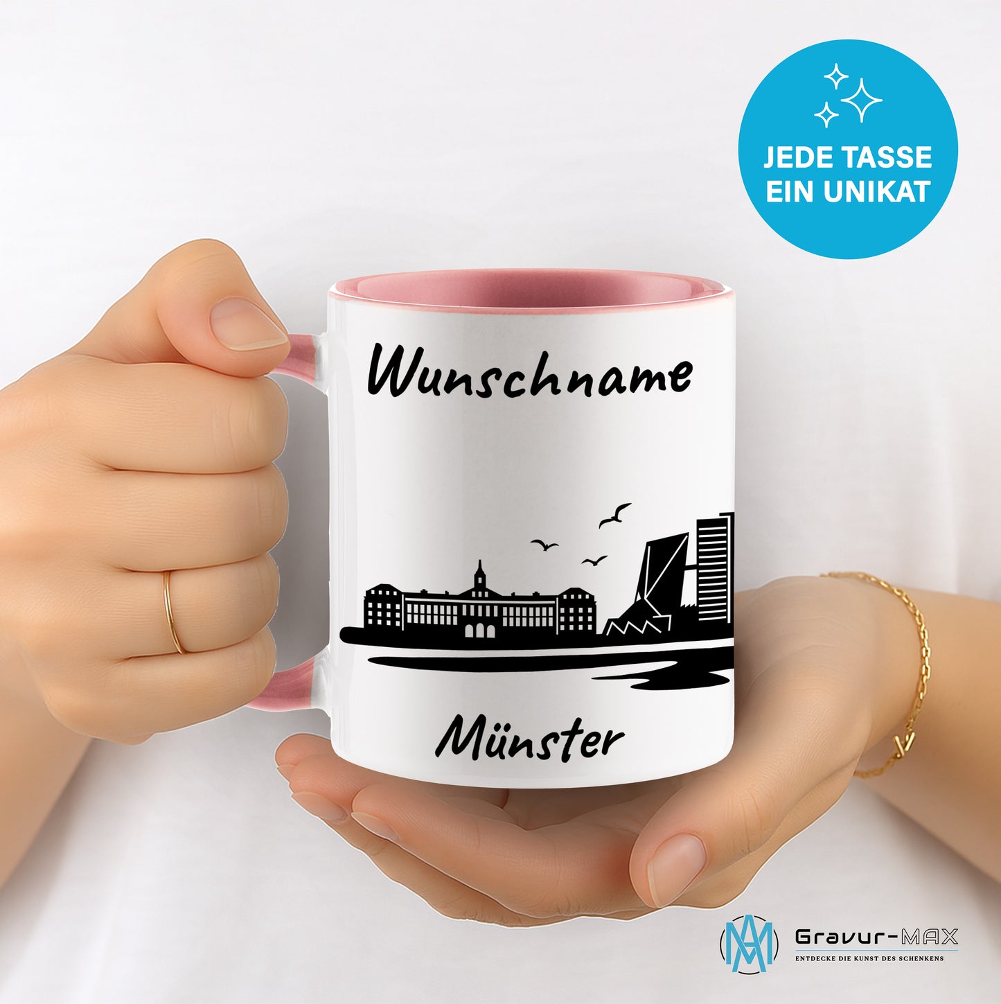 Tasse in Rosa 330ml bedruckt mit der Skyline von Münster personalisierbar mit Wunschname