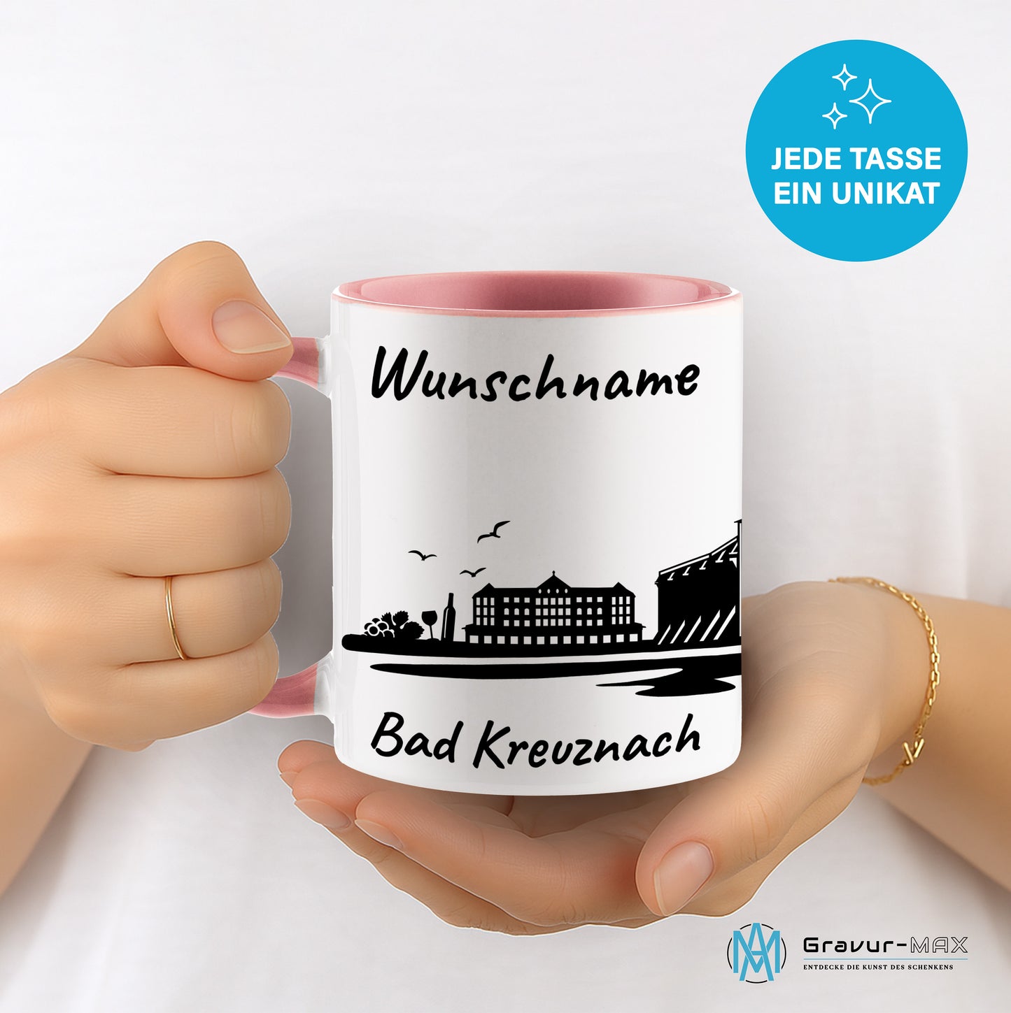 Tasse in Rosa 330ml bedruckt mit der Skyline von Bad Kreuznach personalisierbar mit Wunschname