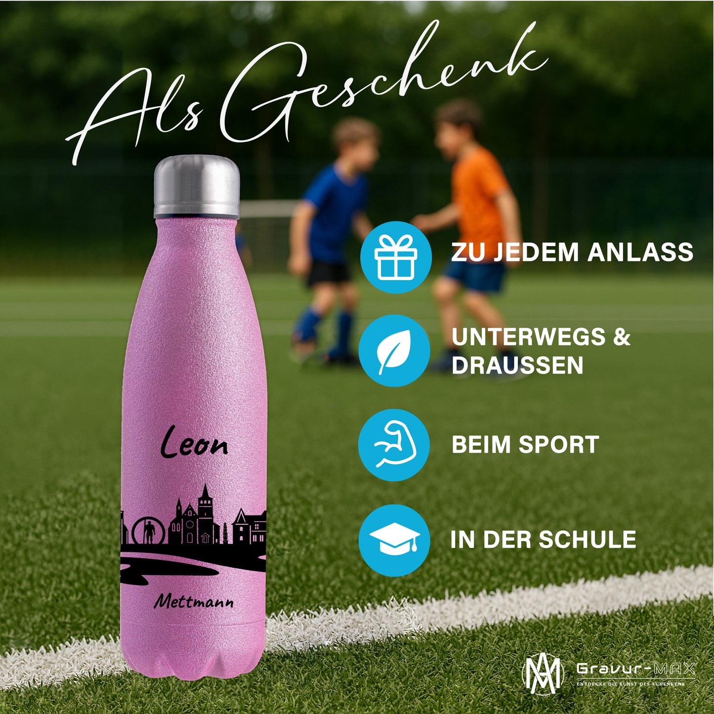 Glitzer Trinkflasche in Rosa 500ml aus Edelstahl bedruckt mit der Skyline von Mettmann personalisierbar mit Wunschname