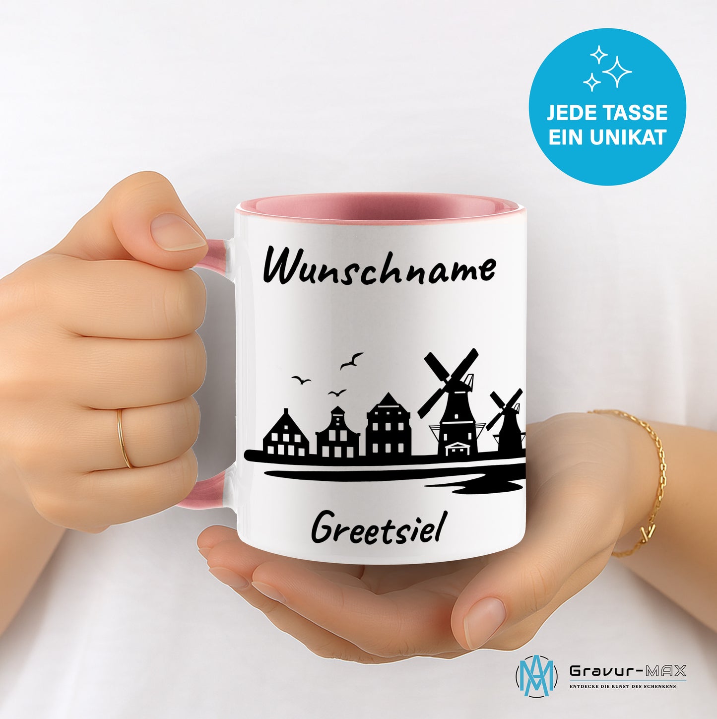 Tasse in Rosa 330ml bedruckt mit der Skyline von Greetsiel personalisierbar mit Wunschname