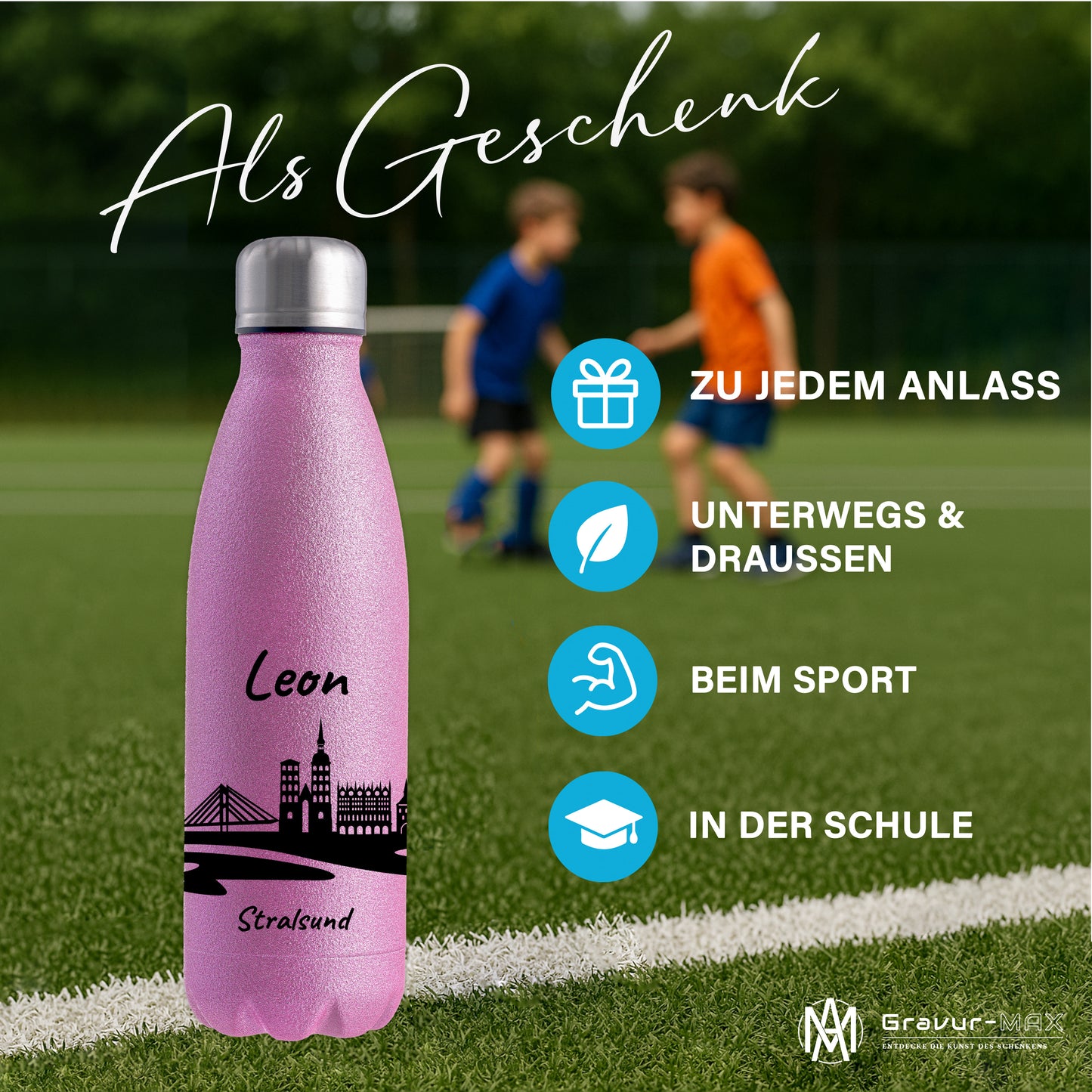 Glitzer Trinkflasche in Rosa 500ml aus Edelstahl bedruckt mit der Skyline von Stralsund personalisierbar mit Wunschname