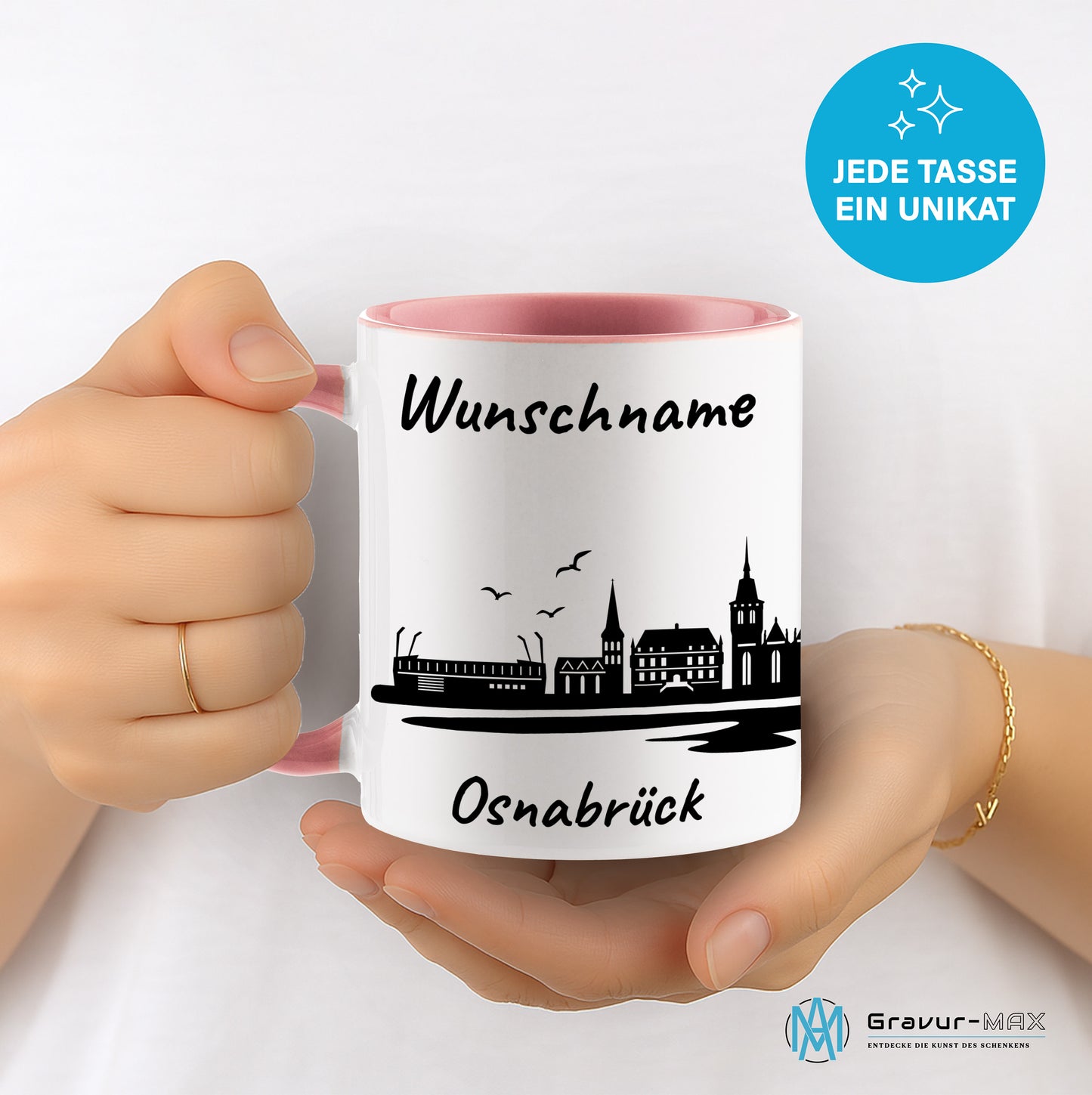 Tasse in Rosa 330ml bedruckt mit der Skyline von Osnabrück personalisierbar mit Wunschname