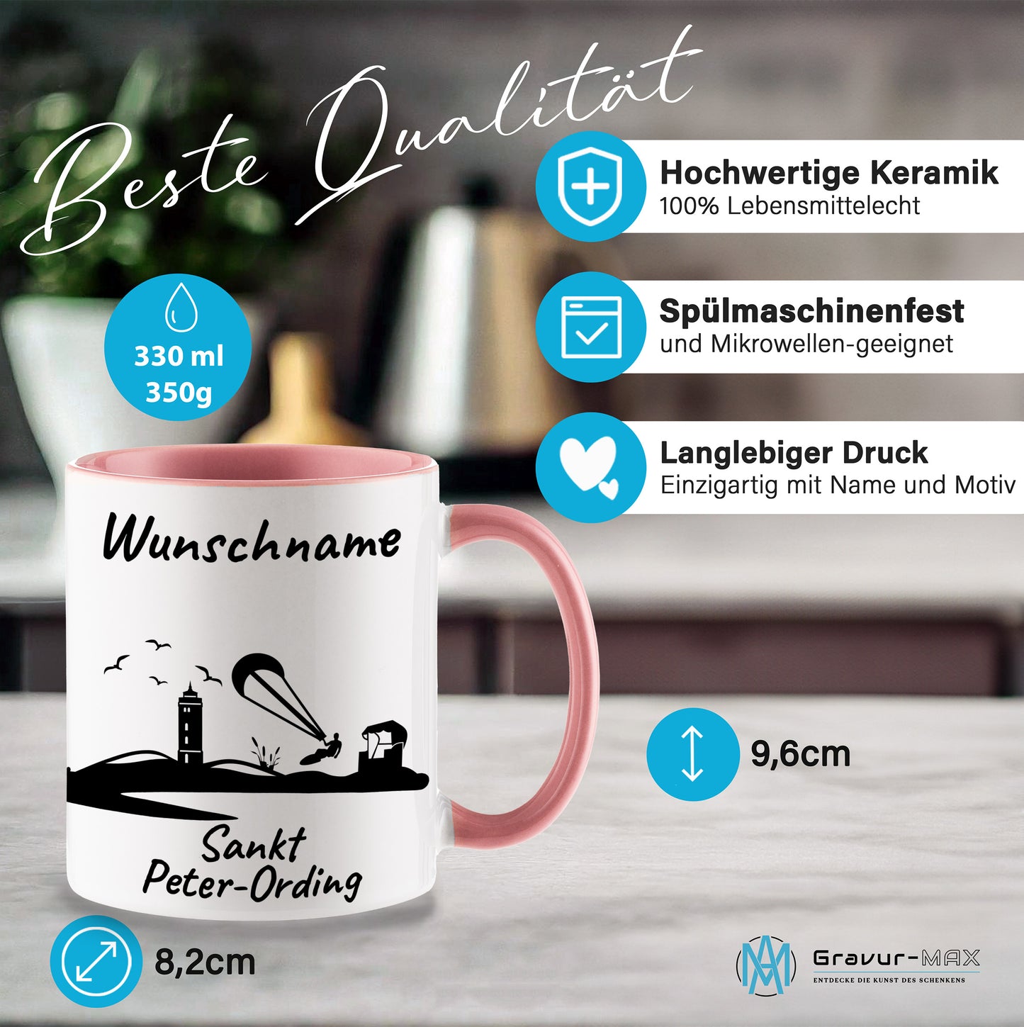 Tasse in Rosa 330ml bedruckt mit der Skyline von Sankt Peter-Ording personalisierbar mit Wunschname