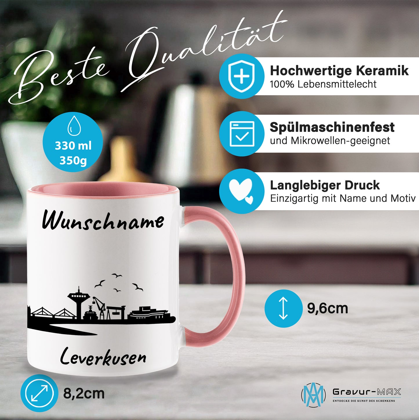 Tasse in Rosa 330ml bedruckt mit der Skyline von Leverkusen personalisierbar mit Wunschname