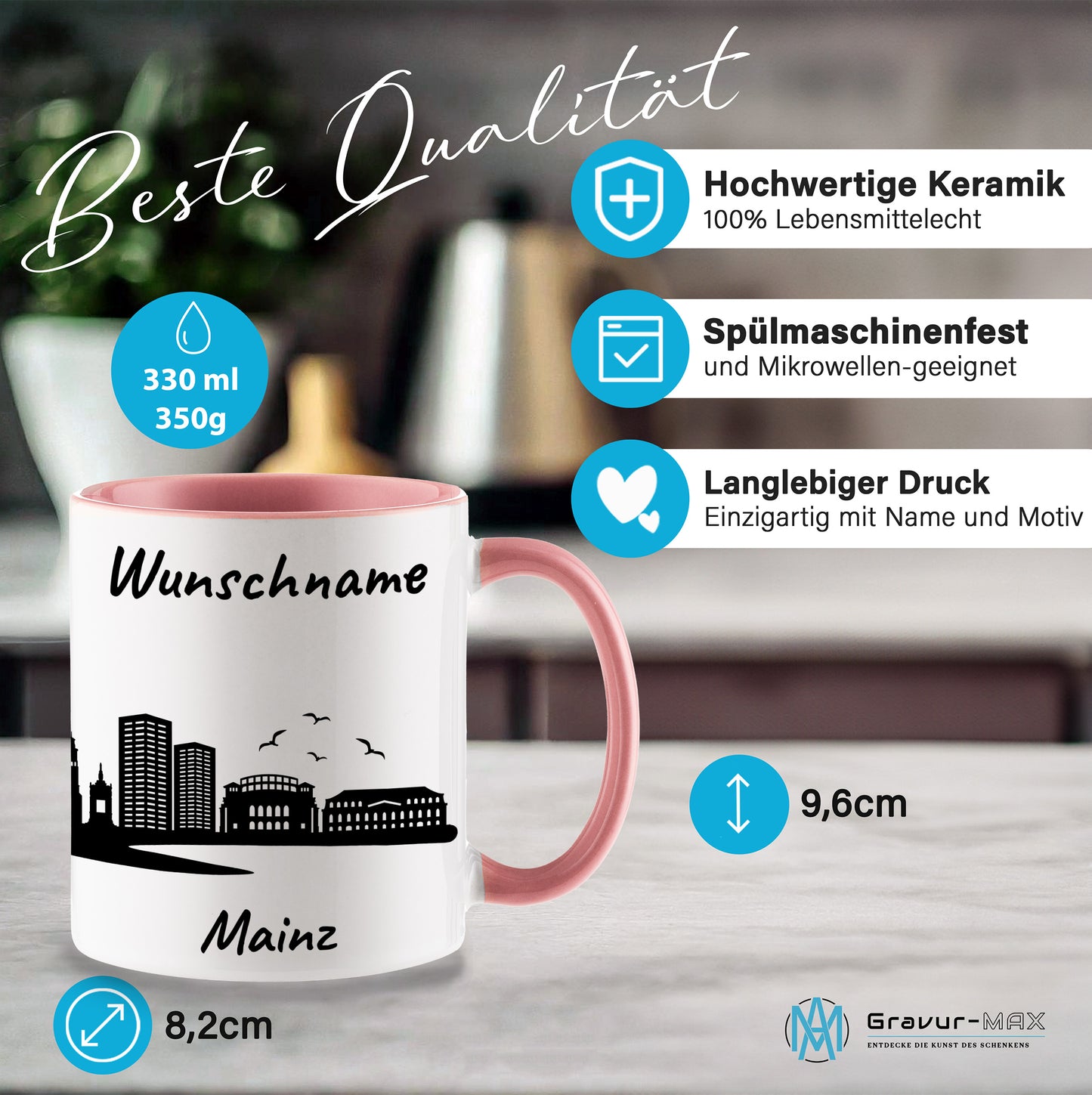 Tasse in Rosa 330ml bedruckt mit der Skyline von Mainz personalisierbar mit Wunschname