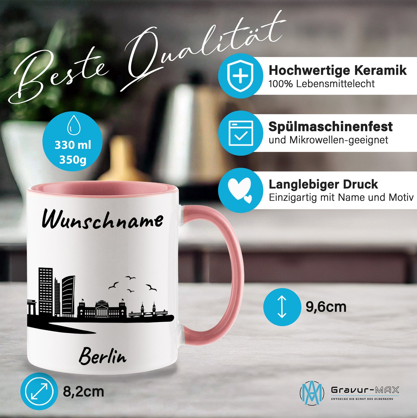Tasse in Rosa 330ml bedruckt mit der Skyline von Berlin personalisierbar mit Wunschname