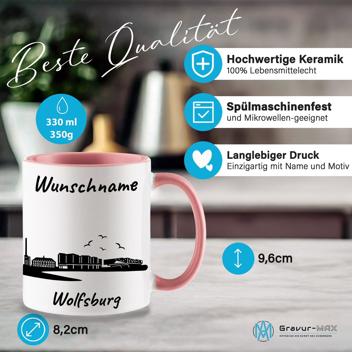 Tasse in Rosa 330ml bedruckt mit der Skyline von Wolfsburg personalisierbar mit Wunschname