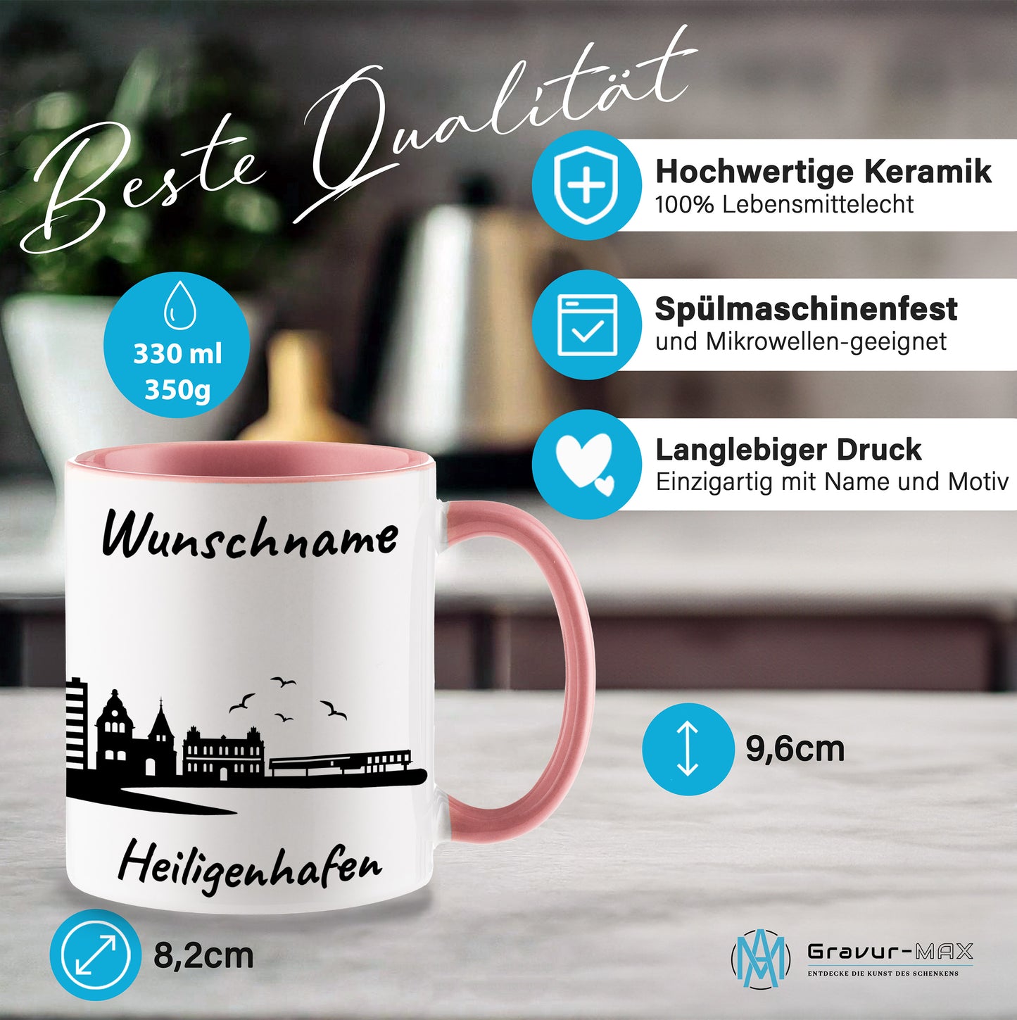 Tasse in Rosa 330ml bedruckt mit der Skyline von Heiligenhafen personalisierbar mit Wunschname