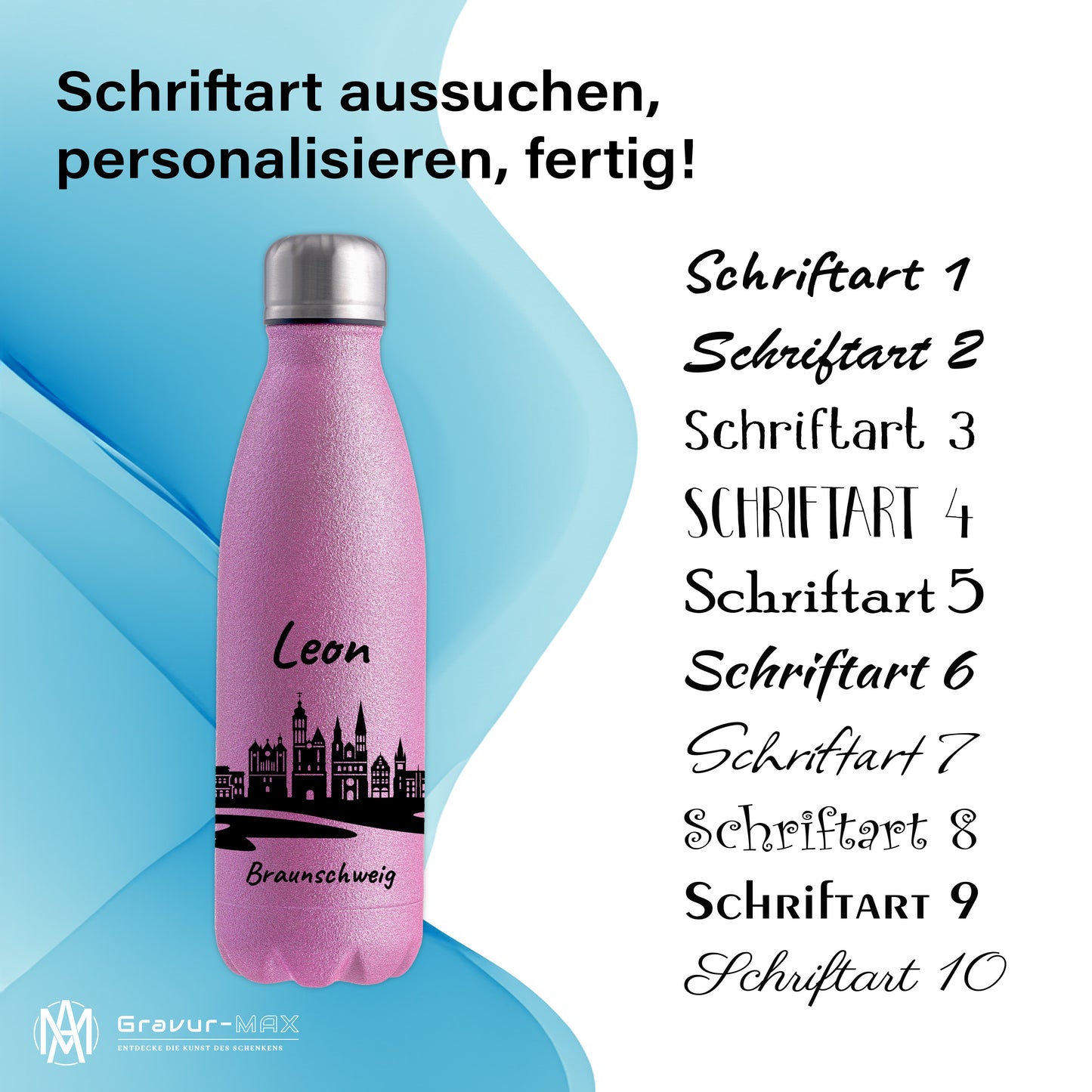 Glitzer Trinkflasche in Rosa 500ml aus Edelstahl bedruckt mit der Skyline von Braunschweig personalisierbar mit Wunschname