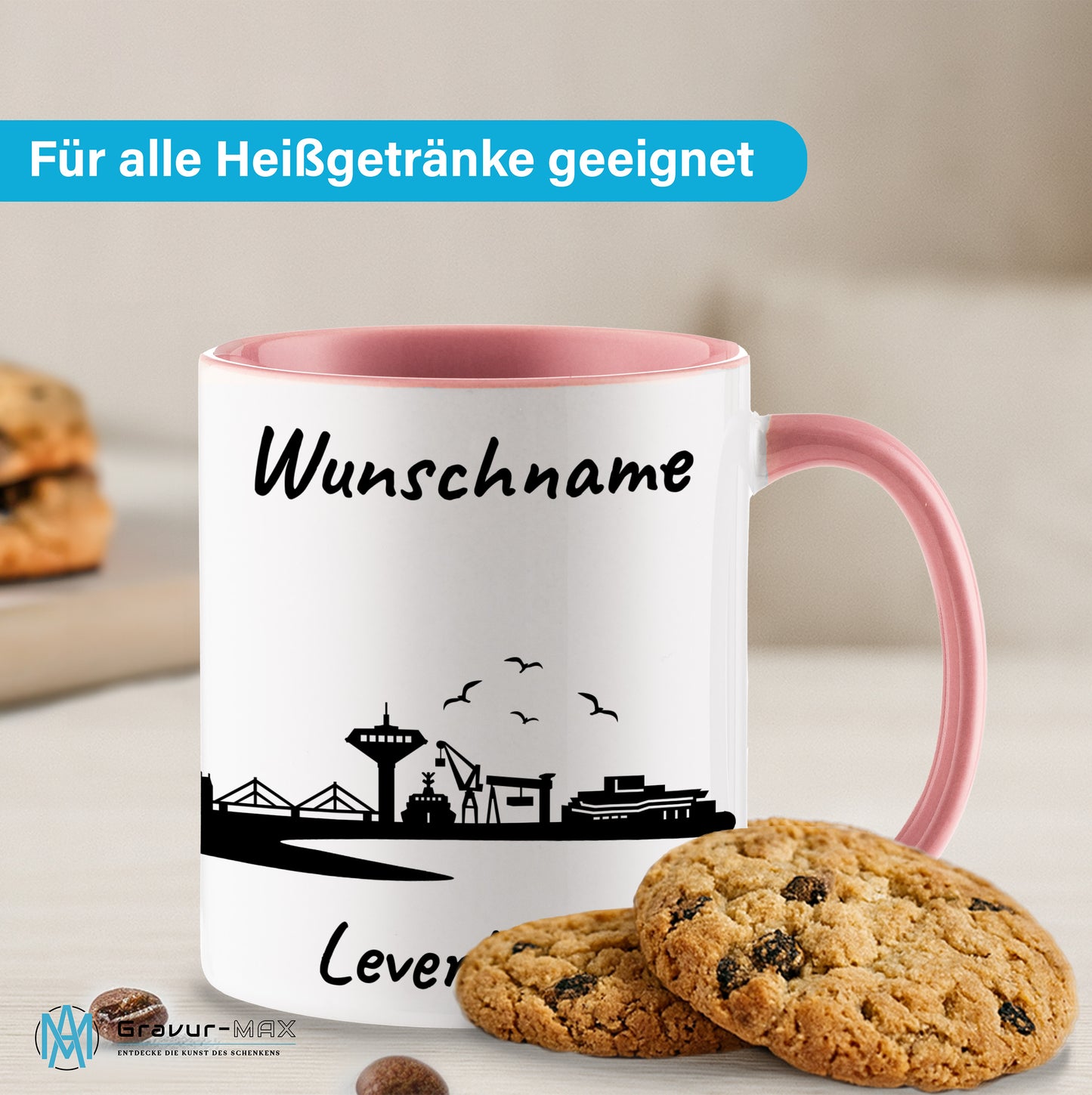 Tasse in Rosa 330ml bedruckt mit der Skyline von Leverkusen personalisierbar mit Wunschname