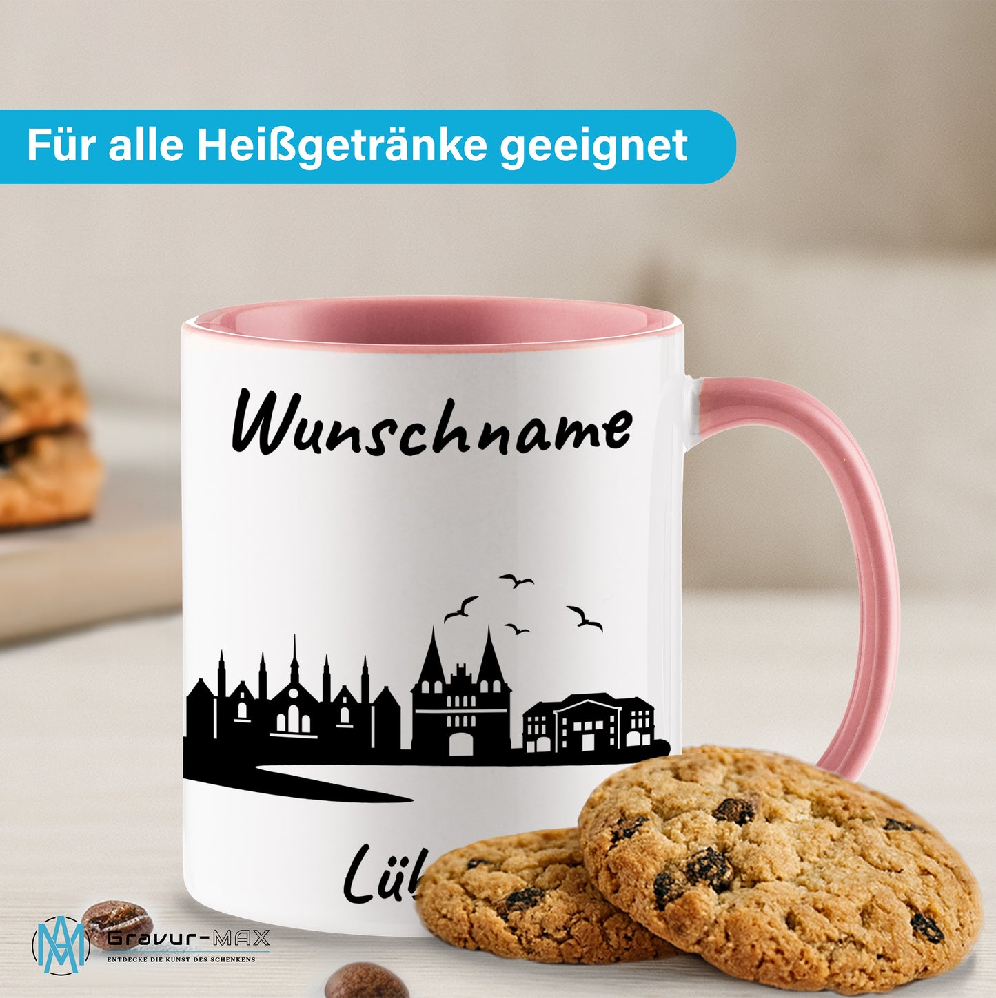 Tasse in Rosa 330ml bedruckt mit der Skyline von Lübeck personalisierbar mit Wunschname
