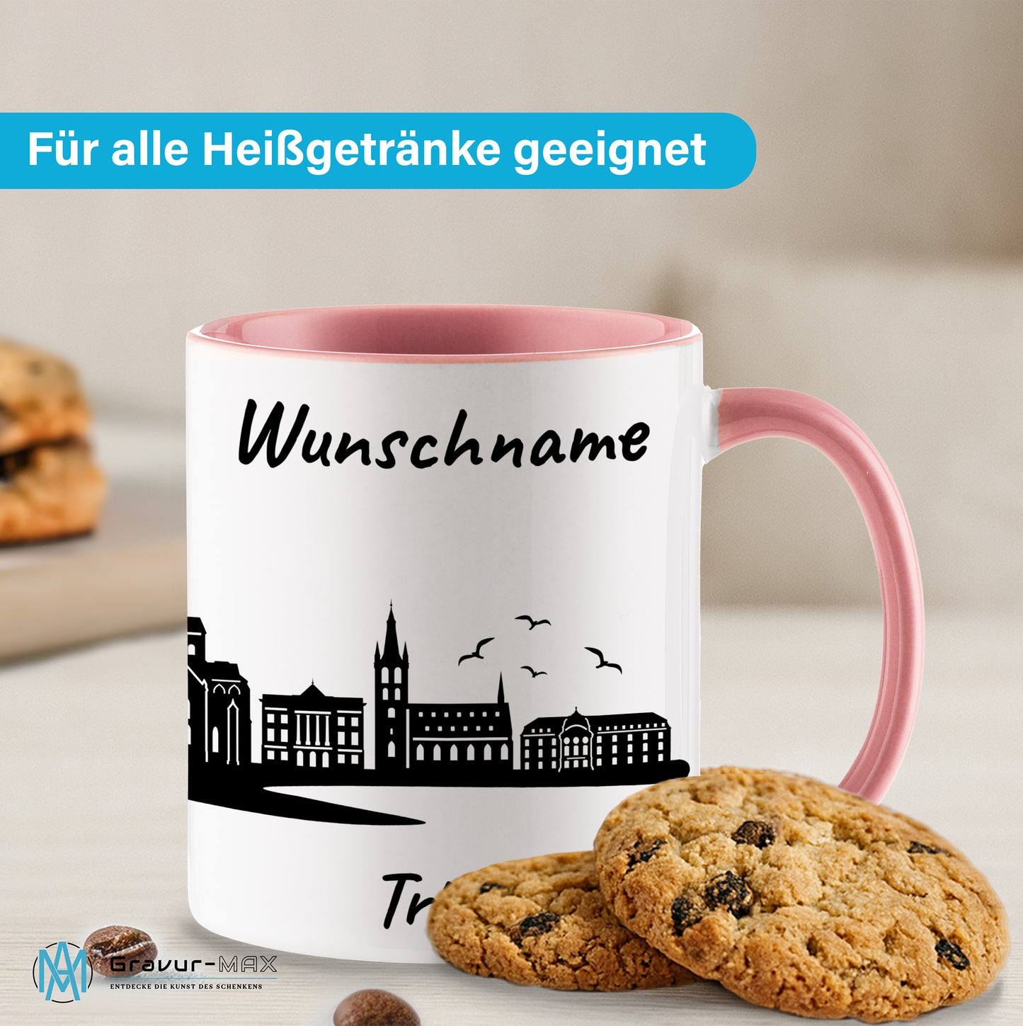 Tasse in Rosa 330ml bedruckt mit der Skyline von Trier personalisierbar mit Wunschname