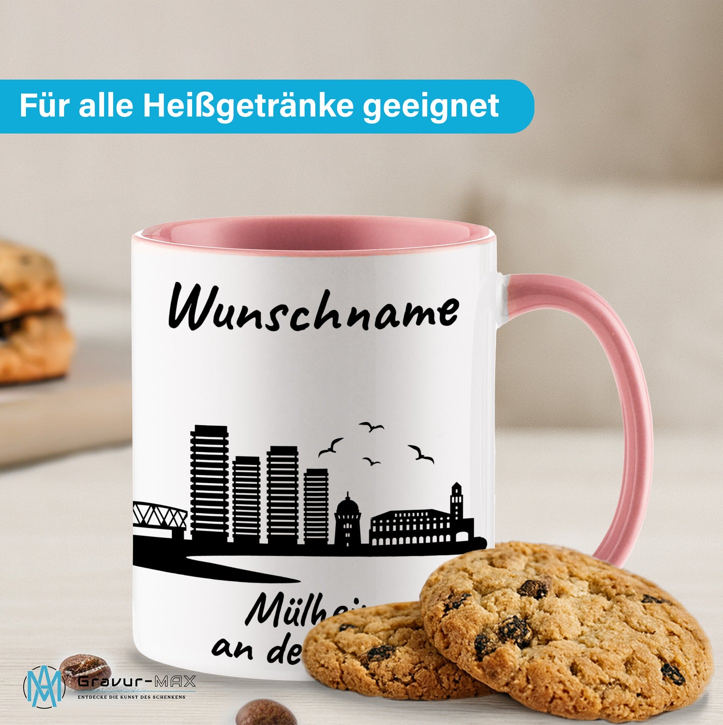 Tasse in Rosa 330ml bedruckt mit der Skyline von Mülheim an der Ruhr personalisierbar mit Wunschname