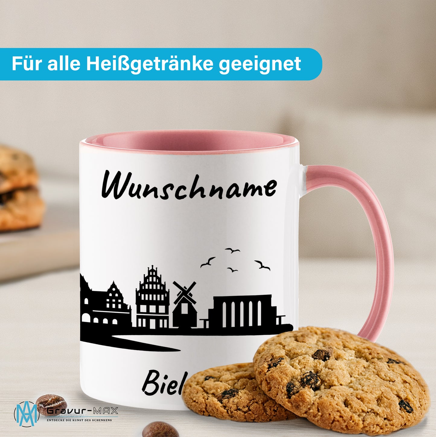 Tasse in Rosa 330ml bedruckt mit der Skyline von Bielefeld personalisierbar mit Wunschname