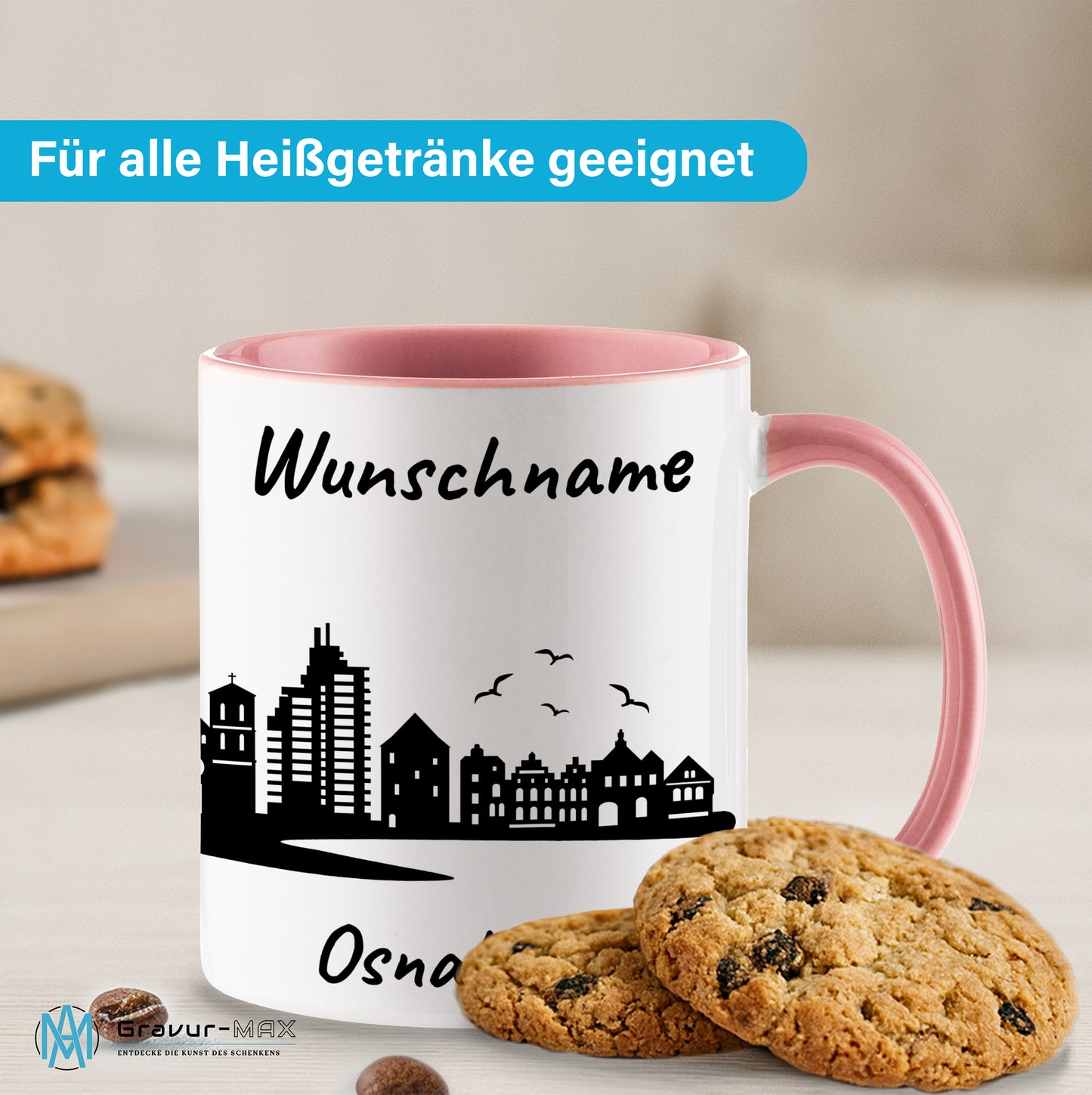 Tasse in Rosa 330ml bedruckt mit der Skyline von Osnabrück personalisierbar mit Wunschname
