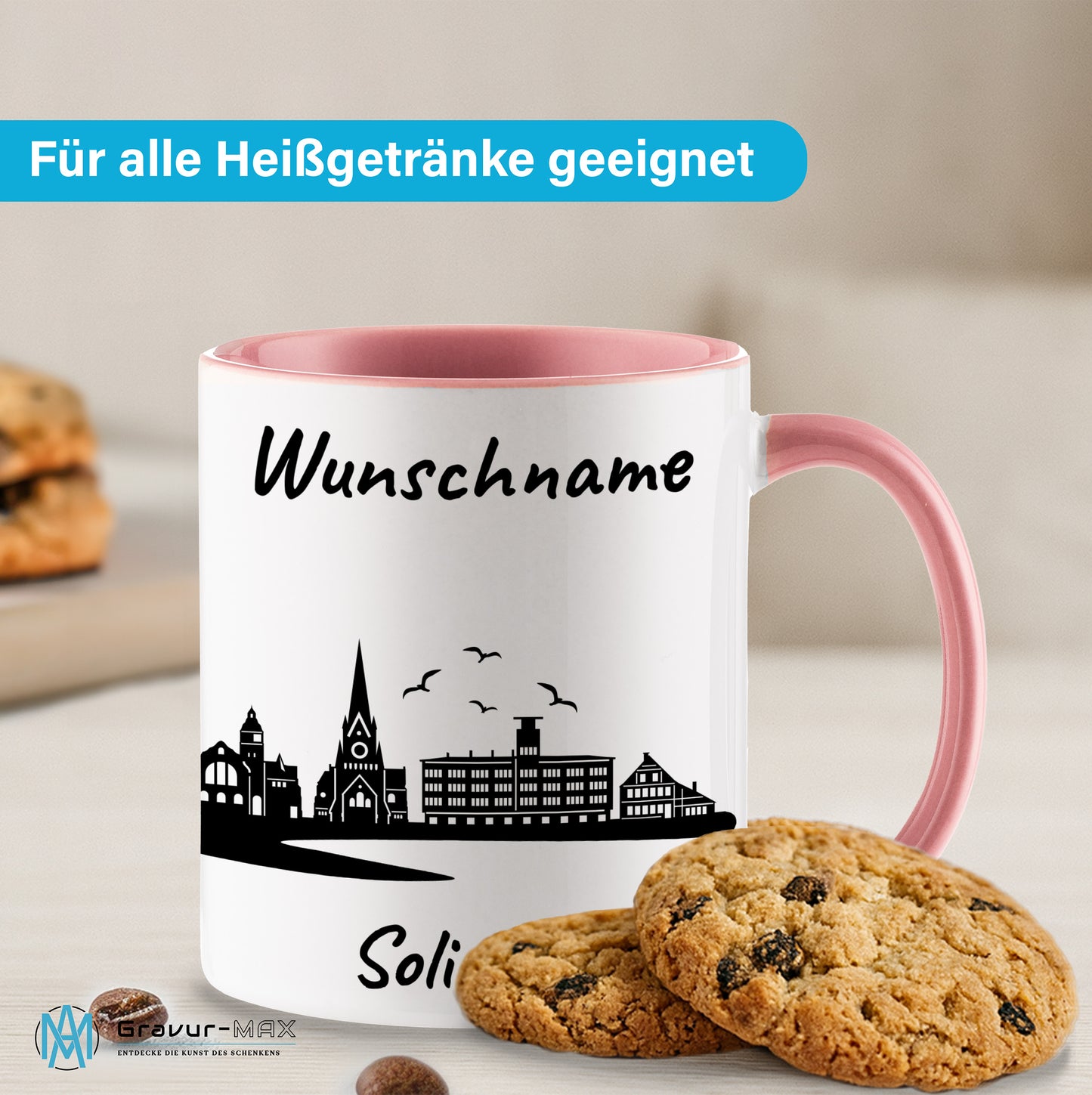 Tasse in Rosa 330ml bedruckt mit der Skyline von Solingen personalisierbar mit Wunschname