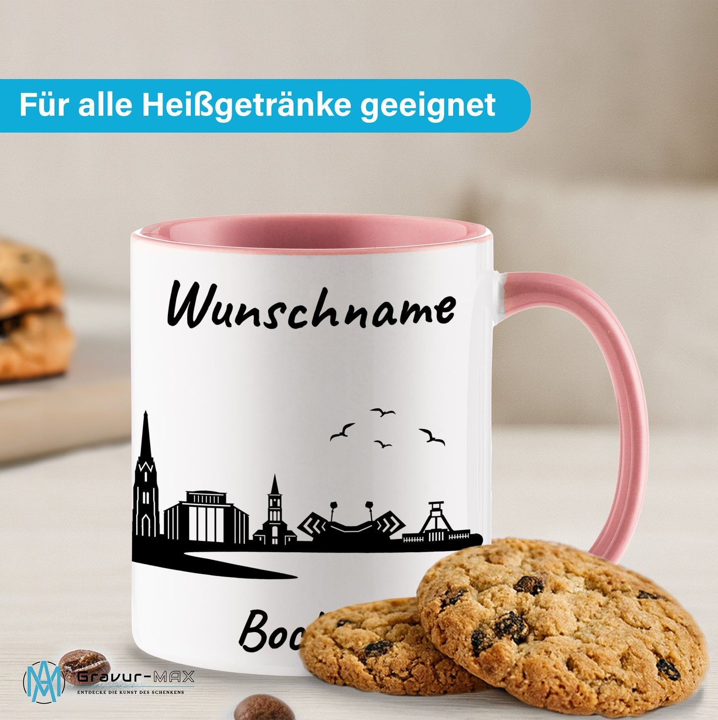 Tasse in Rosa 330ml bedruckt mit der Skyline von Bochum personalisierbar mit Wunschname