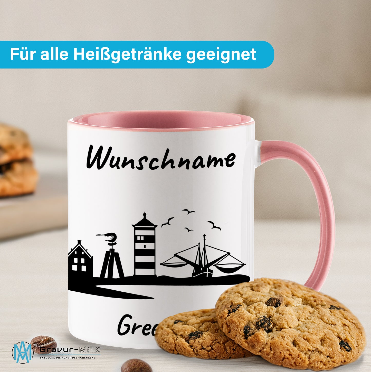 Tasse in Rosa 330ml bedruckt mit der Skyline von Greetsiel personalisierbar mit Wunschname