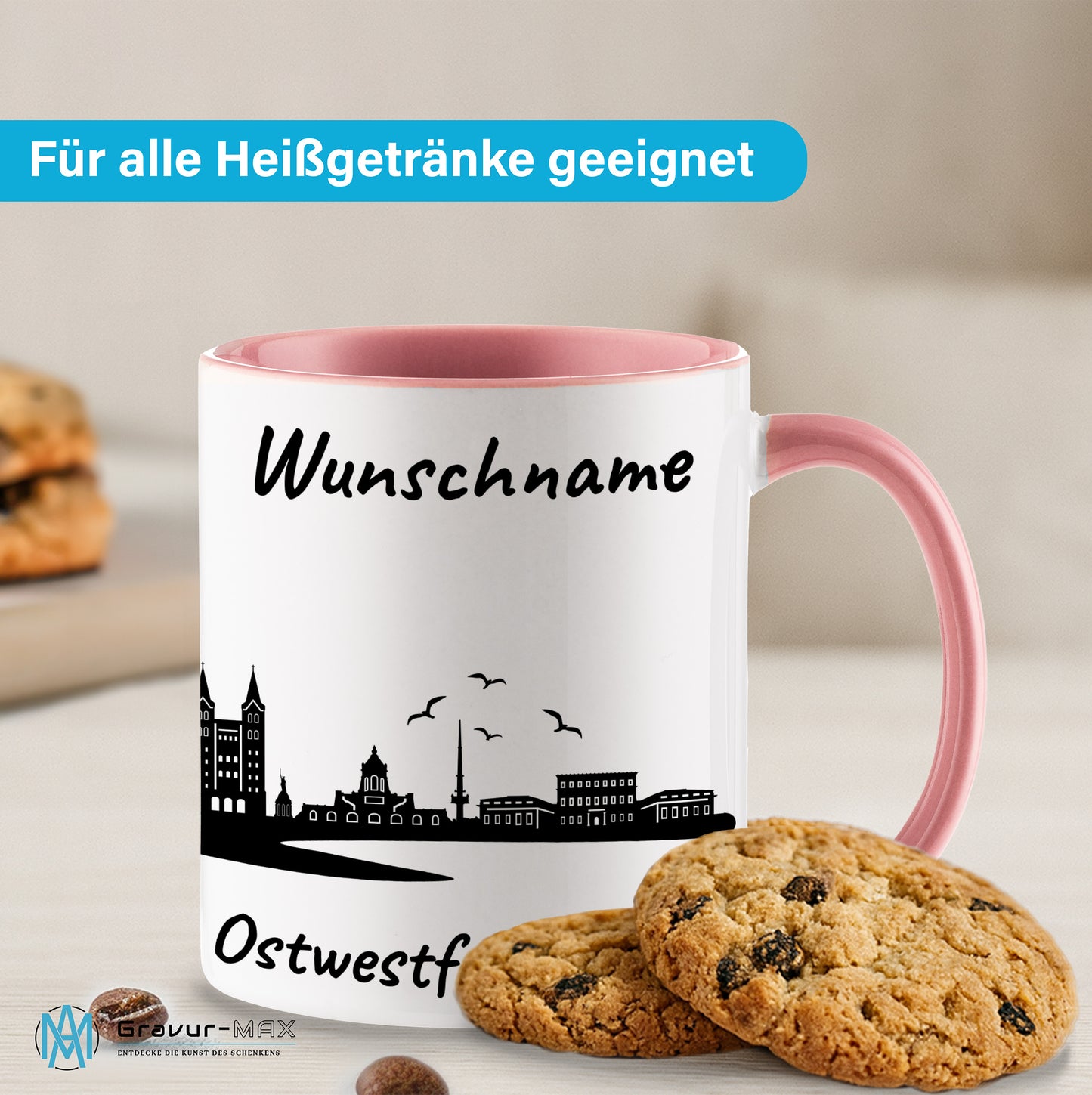 Tasse in Rosa 330ml bedruckt mit der Skyline von Ostwestfalen-Lippe personalisierbar mit Wunschname