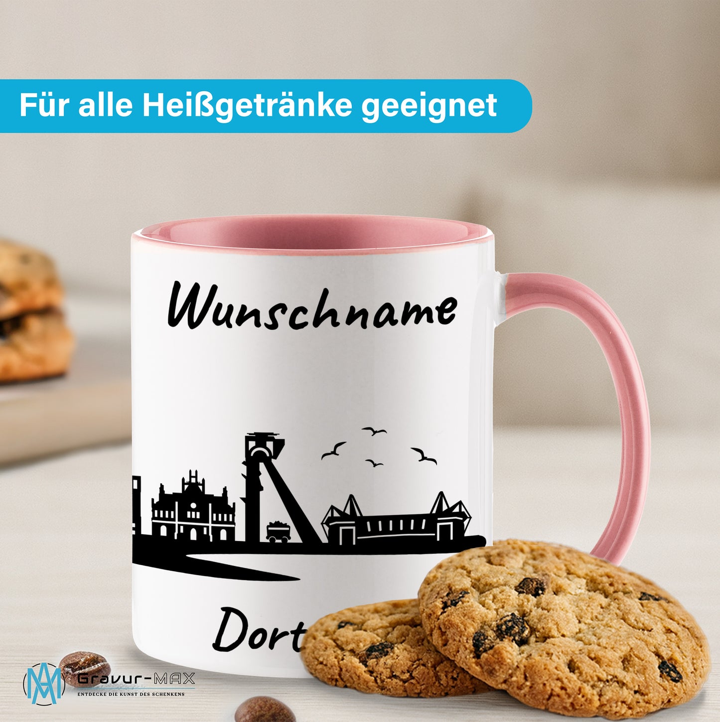 Tasse in Rosa 330ml bedruckt mit der Skyline von Dortmund personalisierbar mit Wunschname