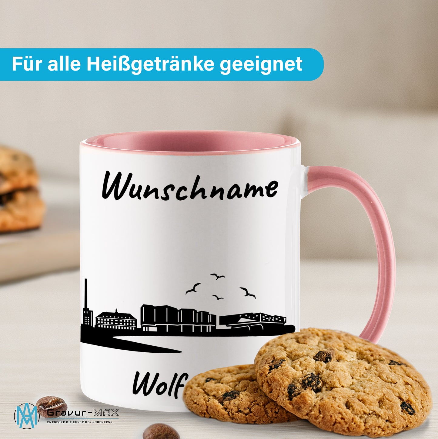 Tasse in Rosa 330ml bedruckt mit der Skyline von Wolfsburg personalisierbar mit Wunschname