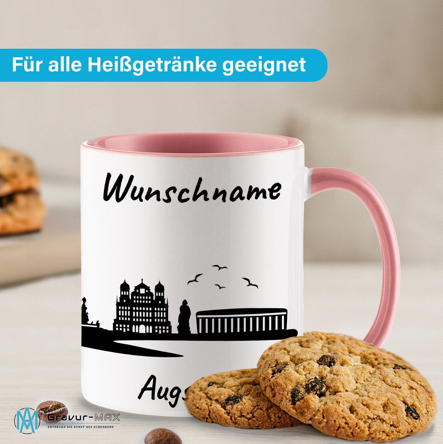 Tasse in Rosa 330ml bedruckt mit der Skyline von Augsburg personalisierbar mit Wunschname