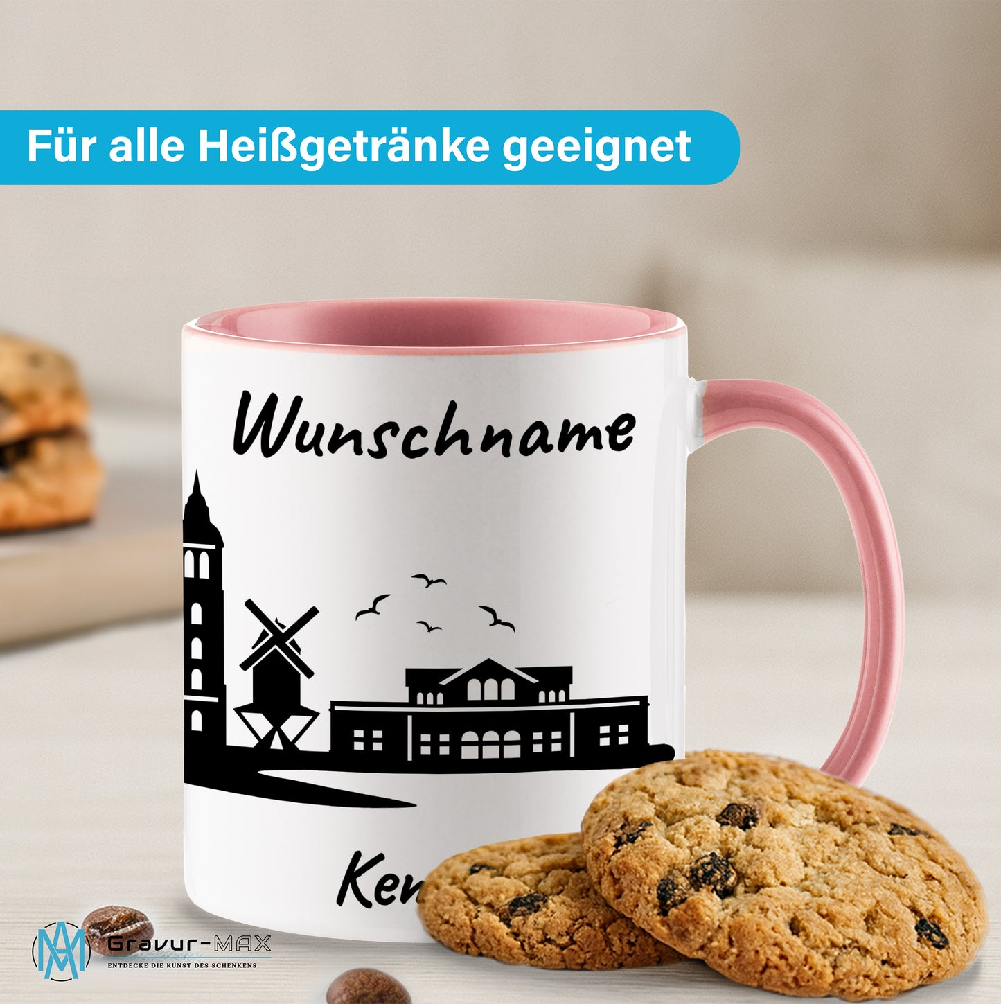Tasse in Rosa 330ml bedruckt mit der Skyline von Kempen personalisierbar mit Wunschname