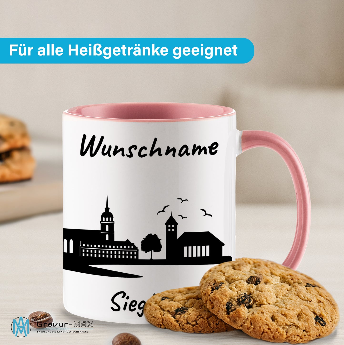 Tasse in Rosa 330ml bedruckt mit der Skyline von Siegburg personalisierbar mit Wunschname