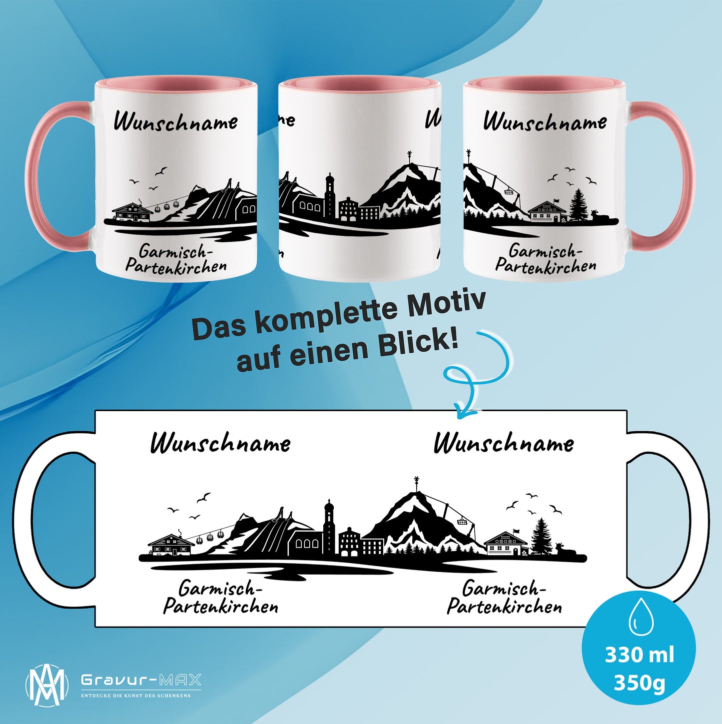 Tasse in Rosa 330ml bedruckt mit der Skyline von Garmisch-Partenkirchen personalisierbar mit Wunschname
