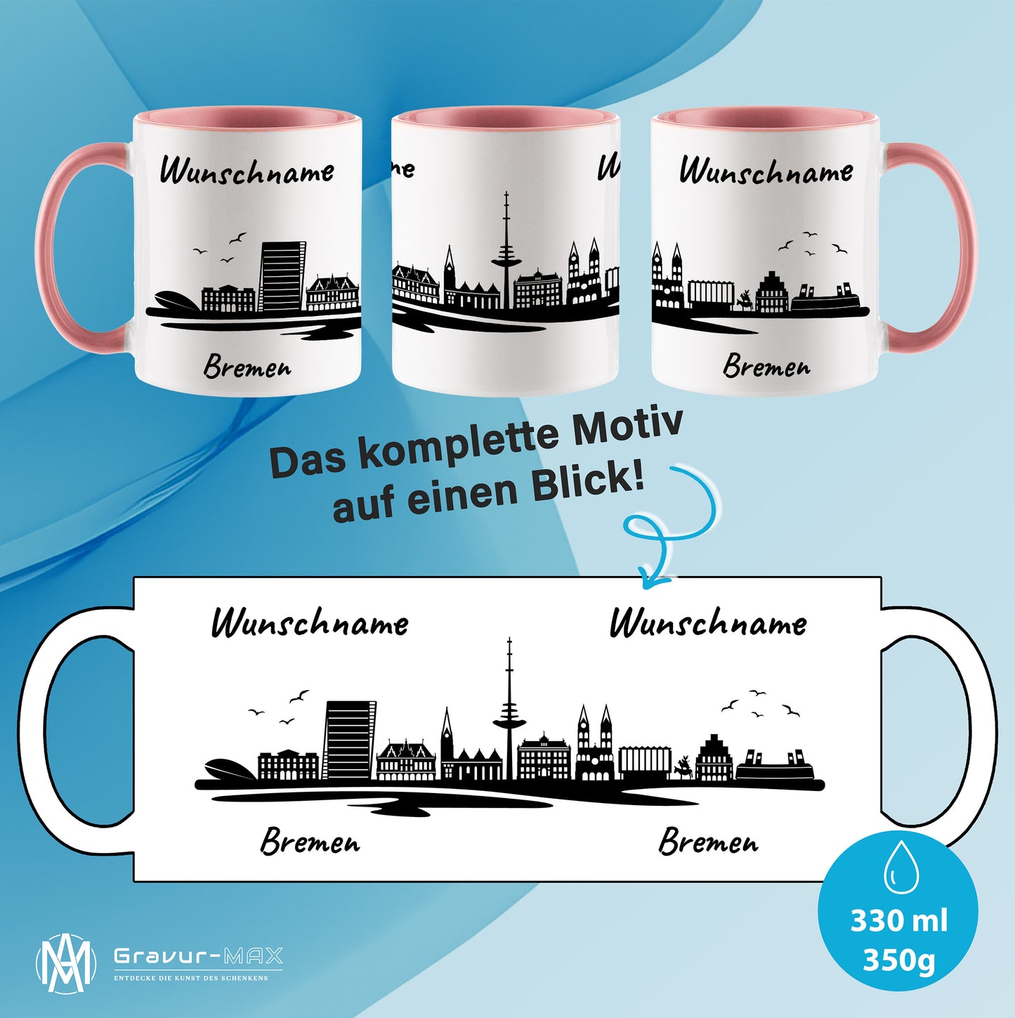 Tasse in Rosa 330ml bedruckt mit der Skyline von Bremen personalisierbar mit Wunschname