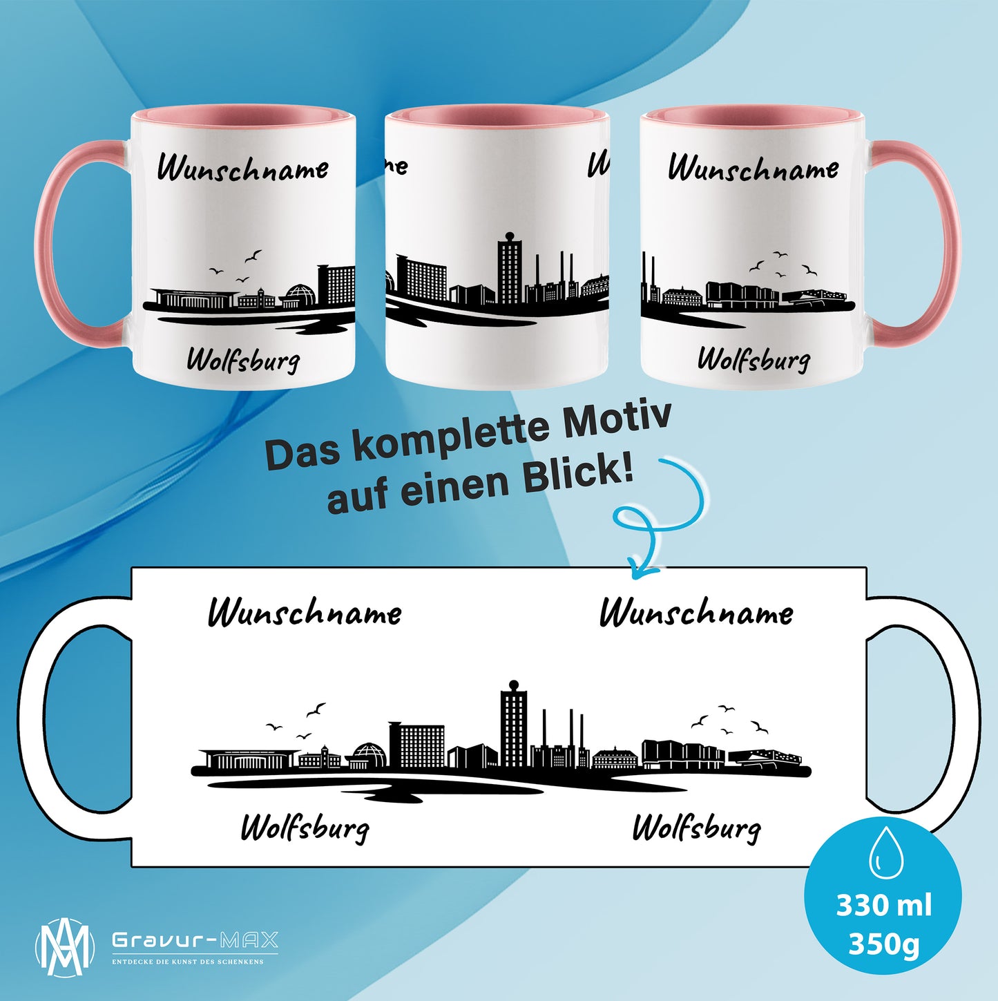 Tasse in Rosa 330ml bedruckt mit der Skyline von Wolfsburg personalisierbar mit Wunschname